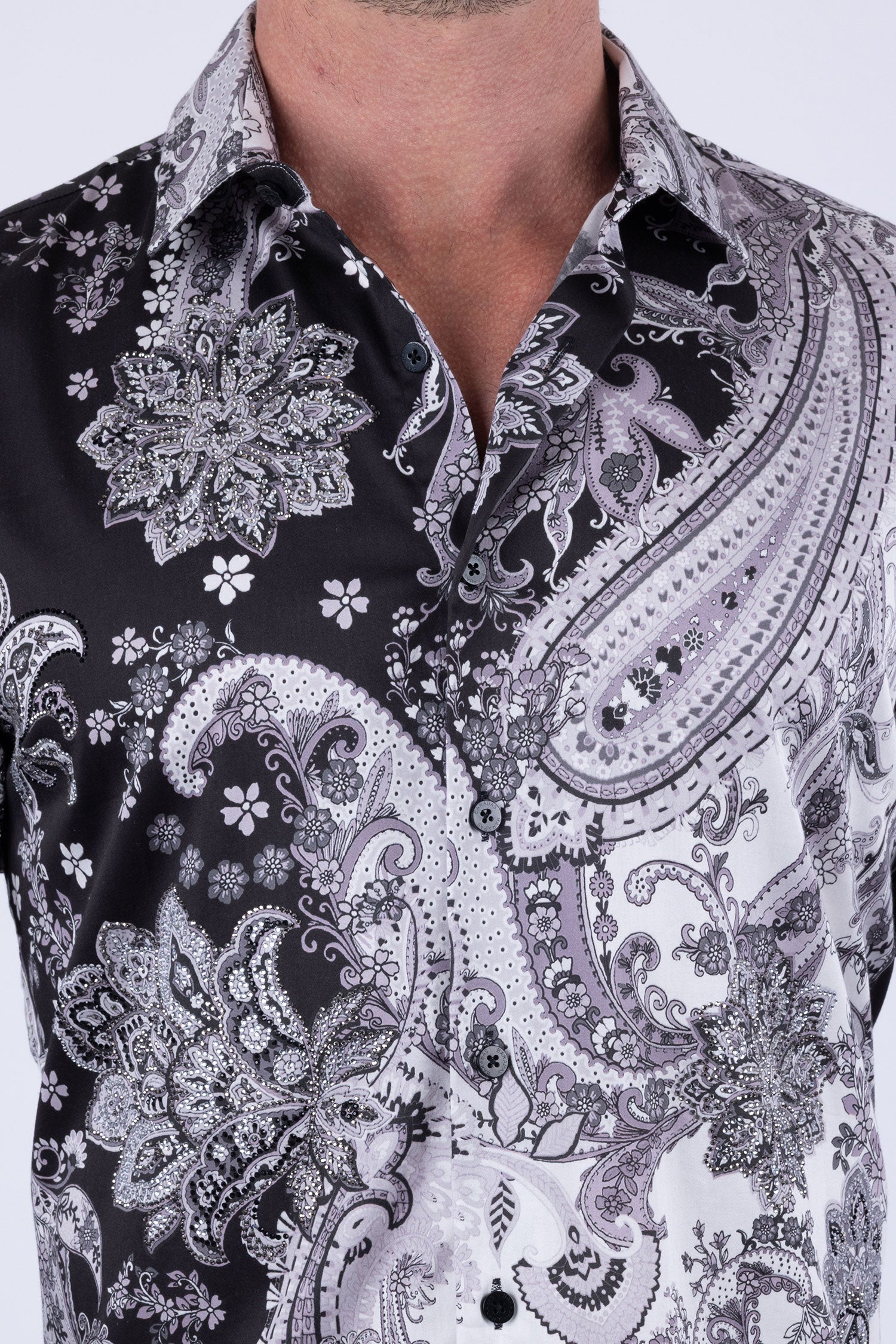 Men's Rhinestone Paisley Floral Print Shirt | BARABAS 6SPR07 Charcoal