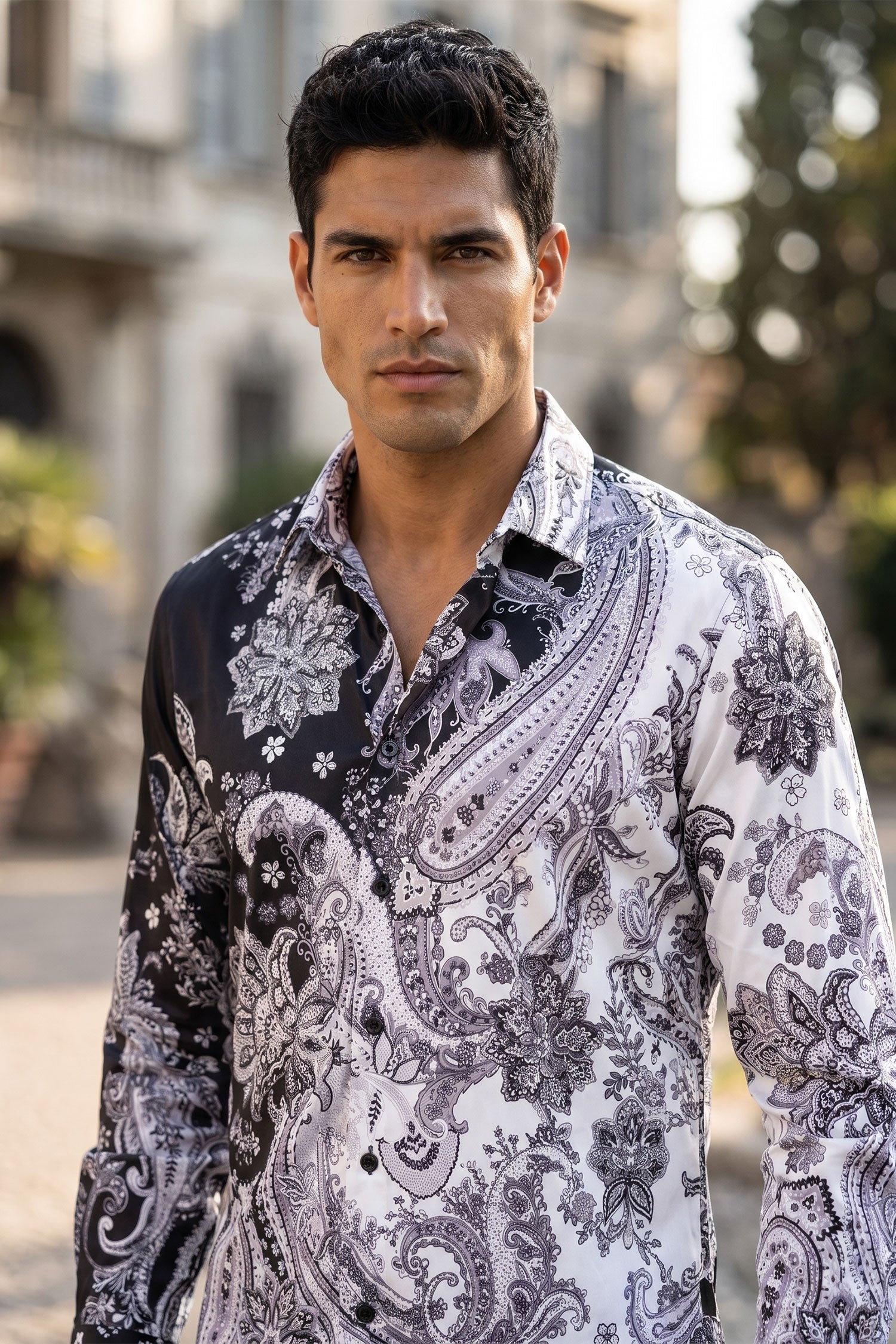 Men's Rhinestone Paisley Floral Print Shirt | BARABAS 6SPR07 Black