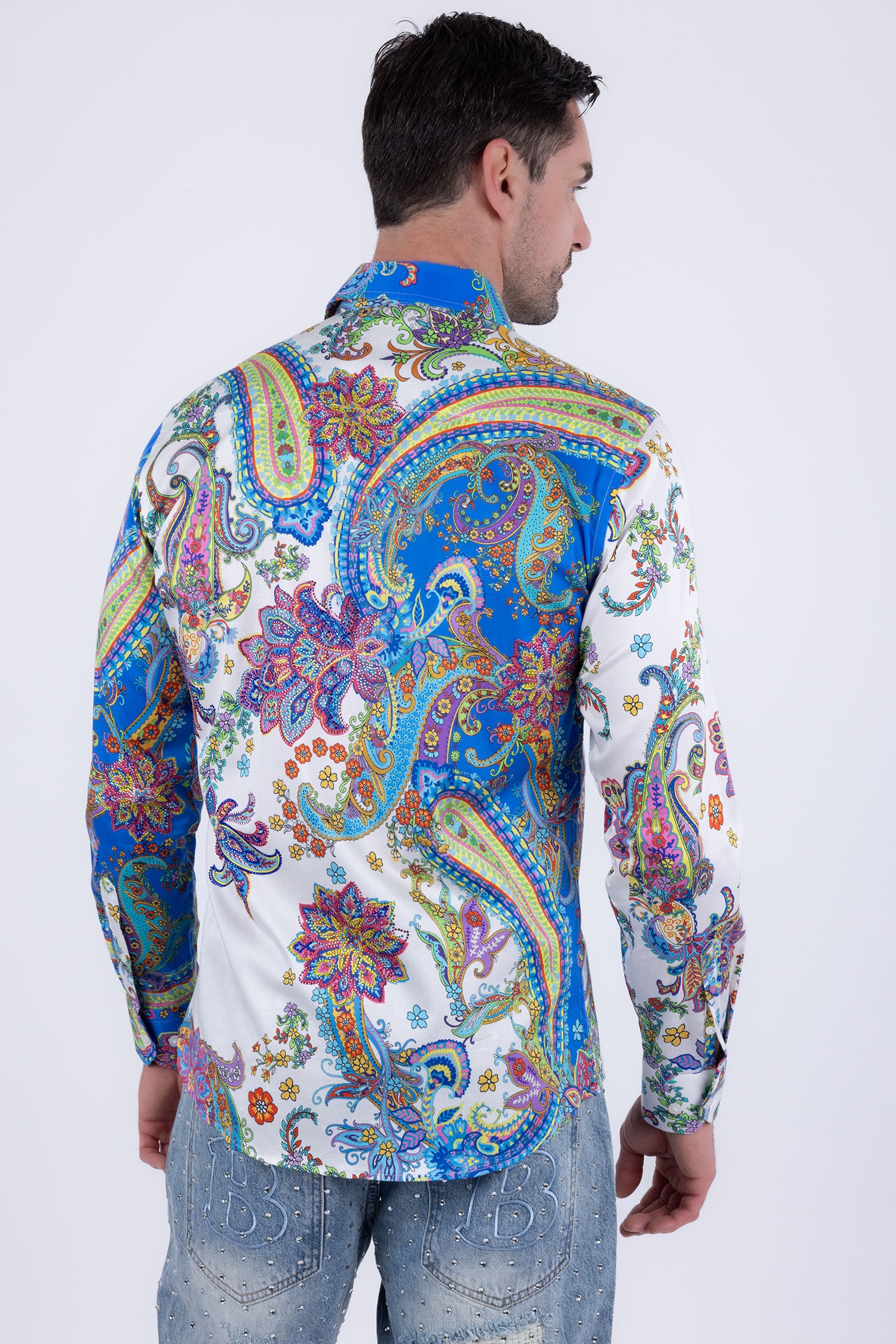 Men's Rhinestone Paisley Floral Print Shirt | BARABAS 6SPR07 Blue
