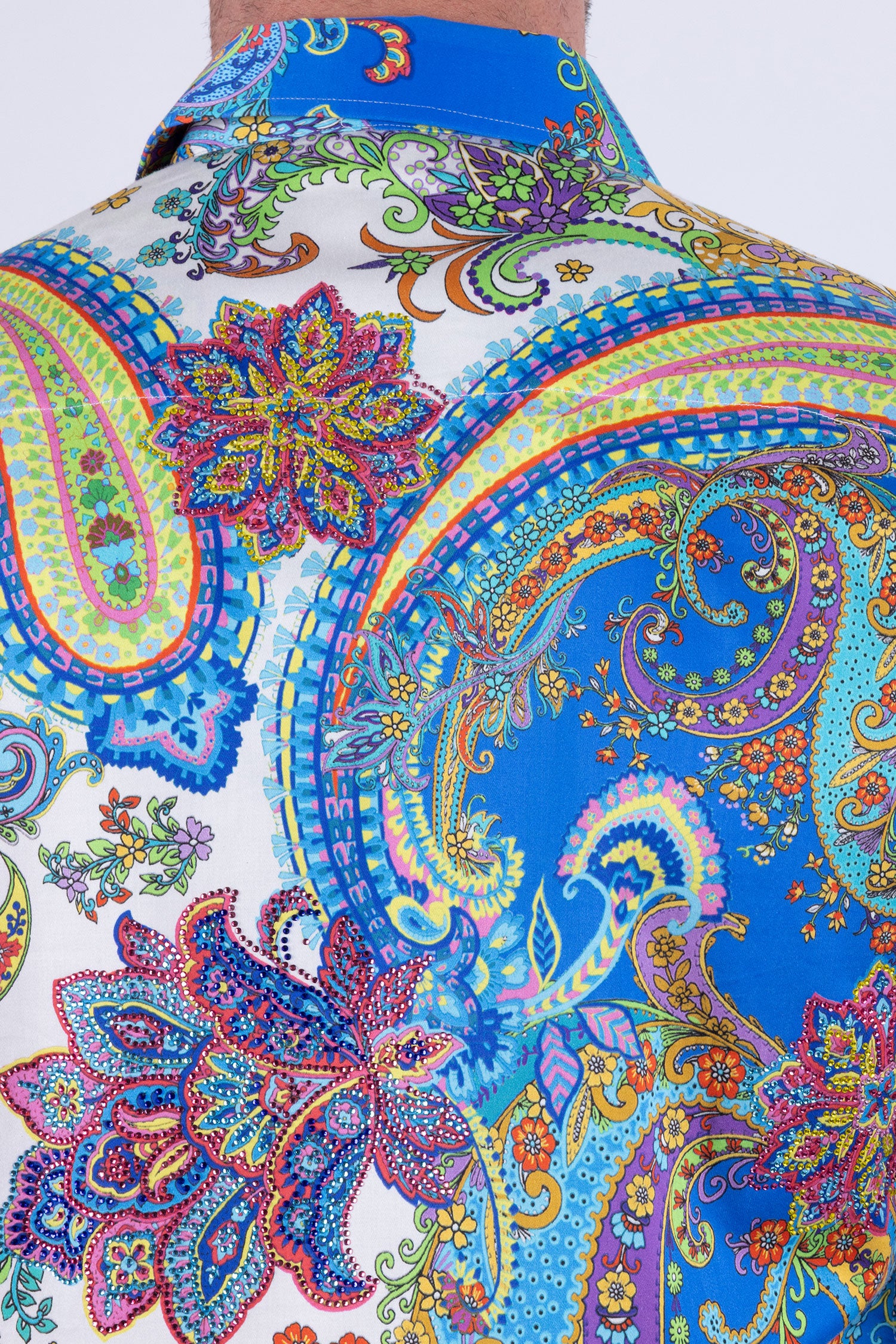 Men's Rhinestone Paisley Floral Print Shirt | BARABAS 6SPR07 Blue