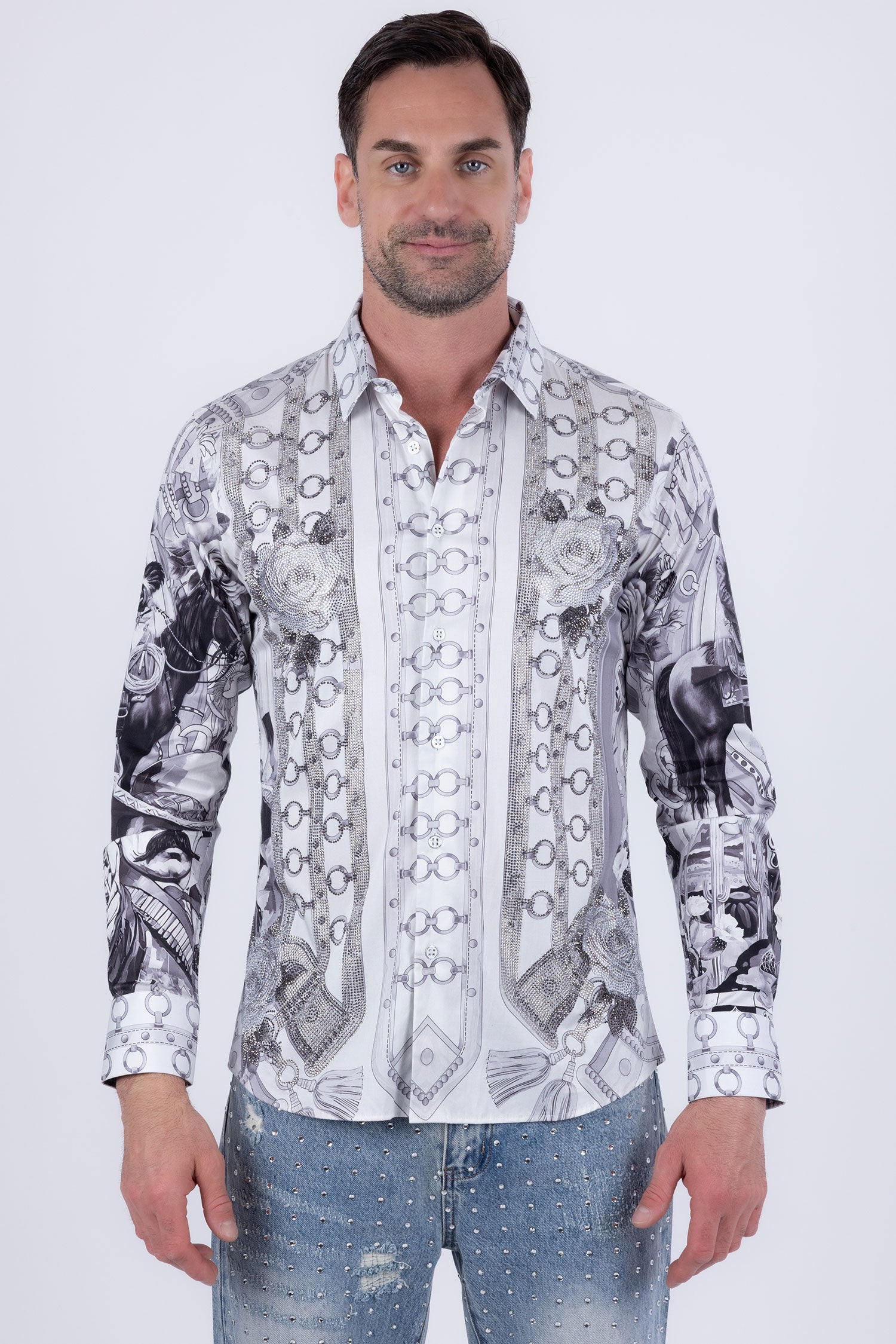 Barabas Men's Western Pancho Villa Pattern Long Sleeve Shirts 6SPR09 Black White