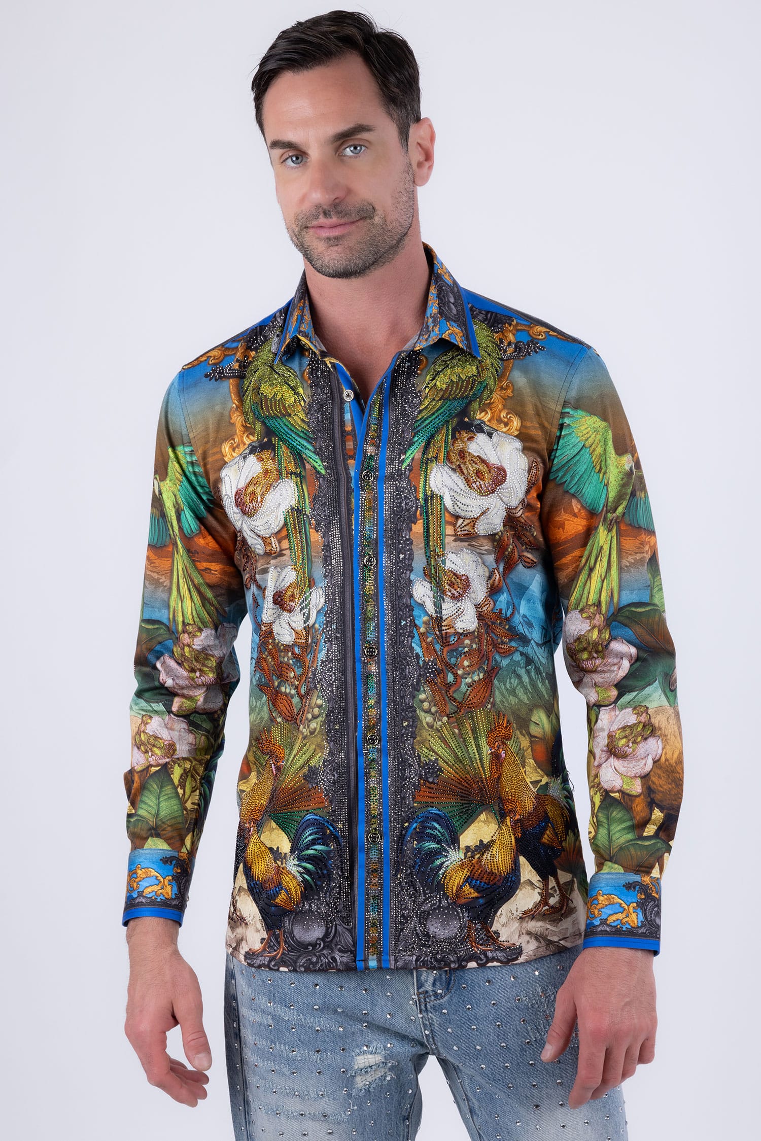 Men's Floral Sheep Parrot Rhinestone Long-Sleeve Shirt | BARABAS 6SPR10 Royal