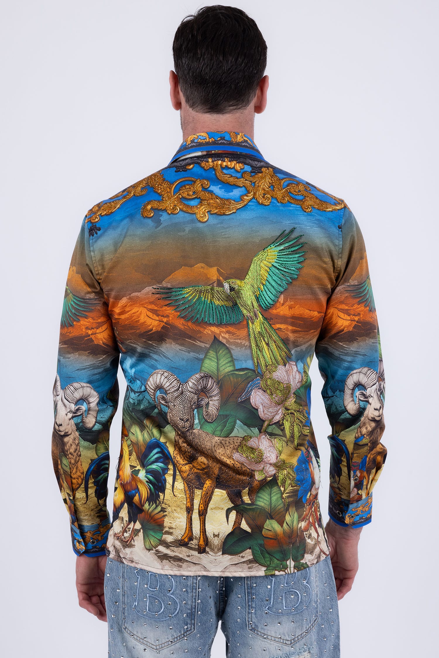 Men's Floral Sheep Parrot Rhinestone Long-Sleeve Shirt | BARABAS 6SPR10 Orange