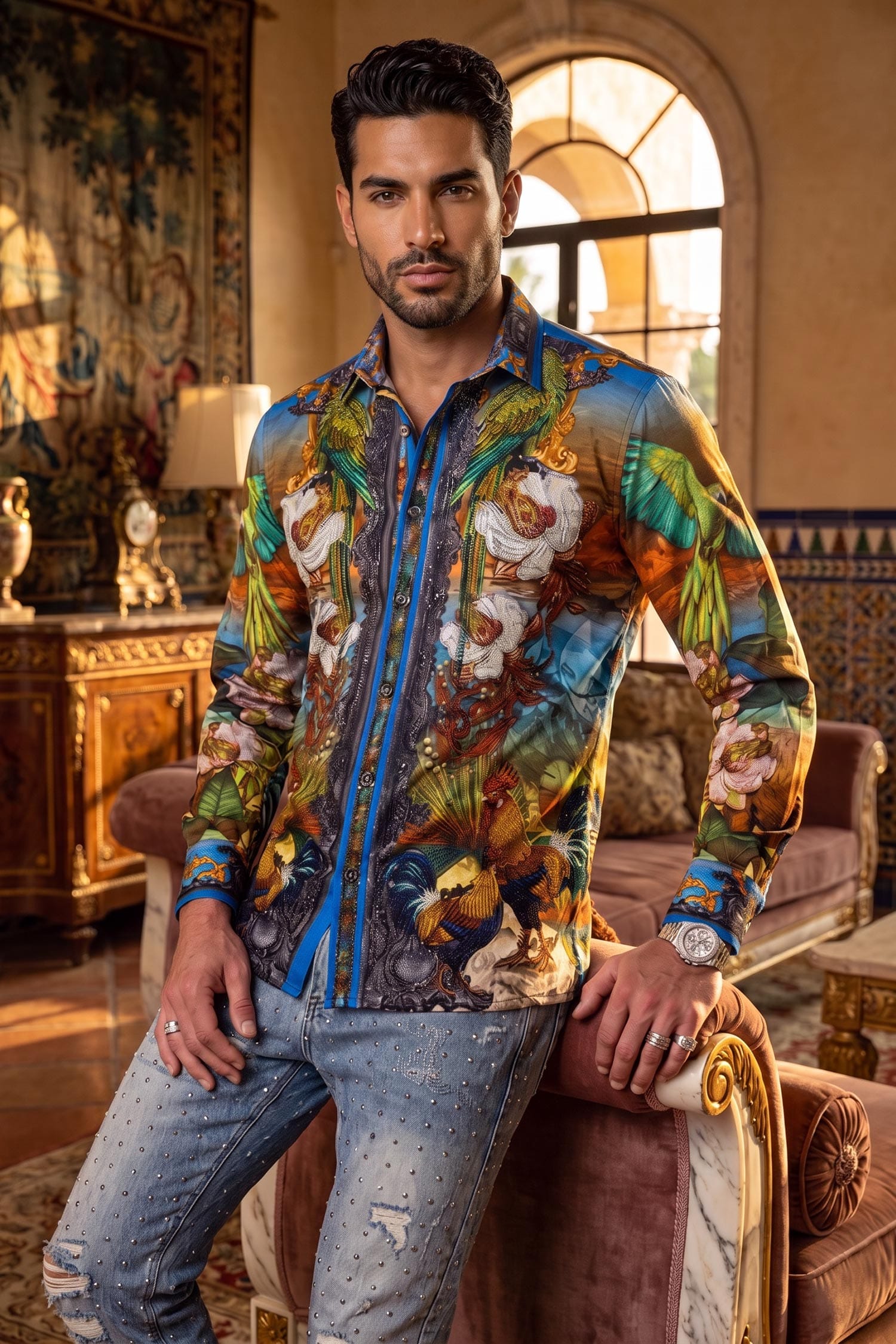 Men's Floral Sheep Parrot Rhinestone Long-Sleeve Shirt | BARABAS 6SPR10 Royal