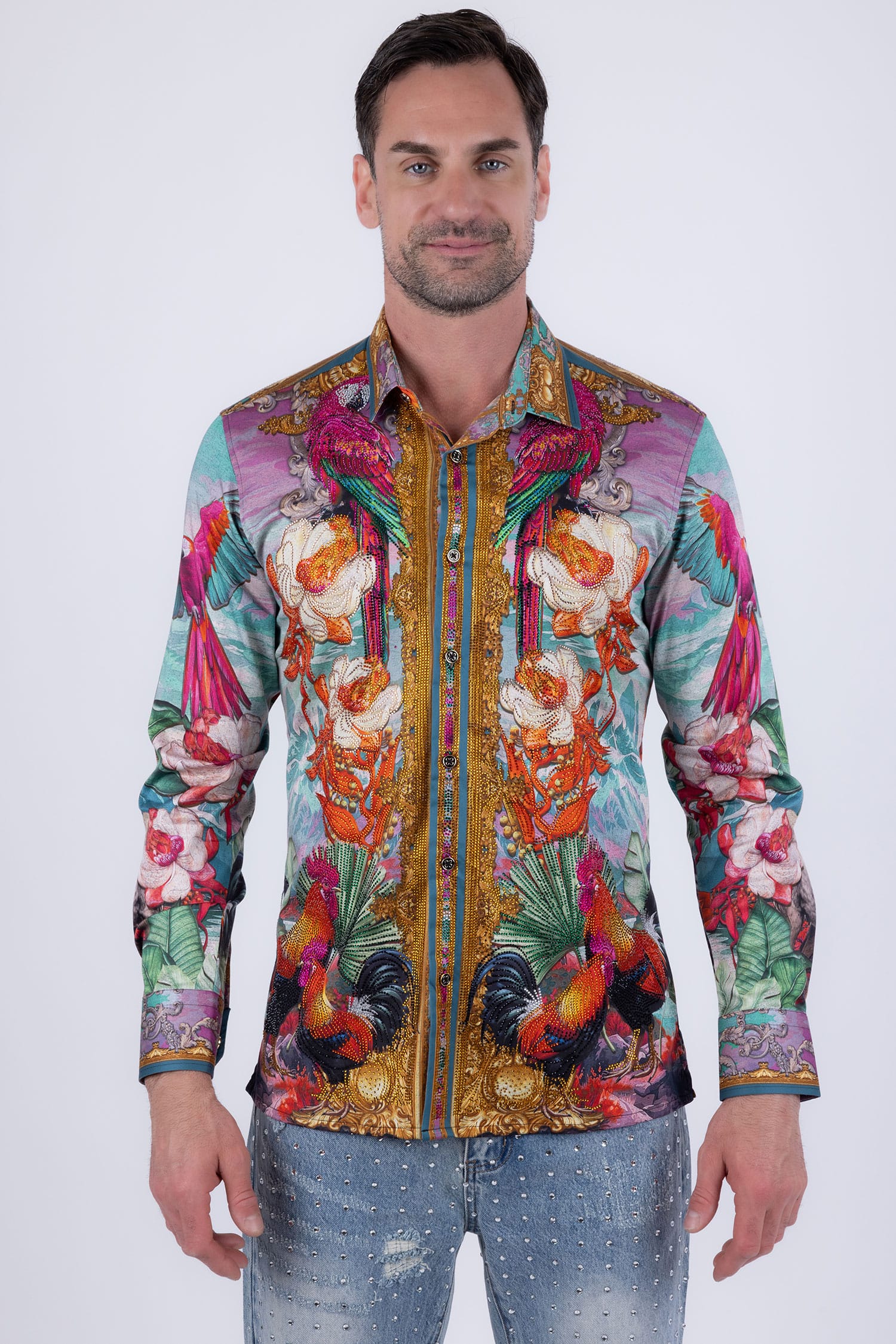 Men's Floral Sheep Parrot Rhinestone Long-Sleeve Shirt | BARABAS 6SPR10 Green