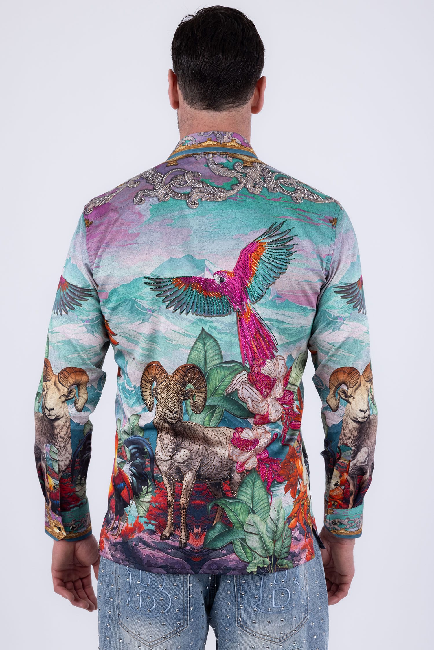 Men's Floral Sheep Parrot Rhinestone Long-Sleeve Shirt | BARABAS 6SPR10 Multi