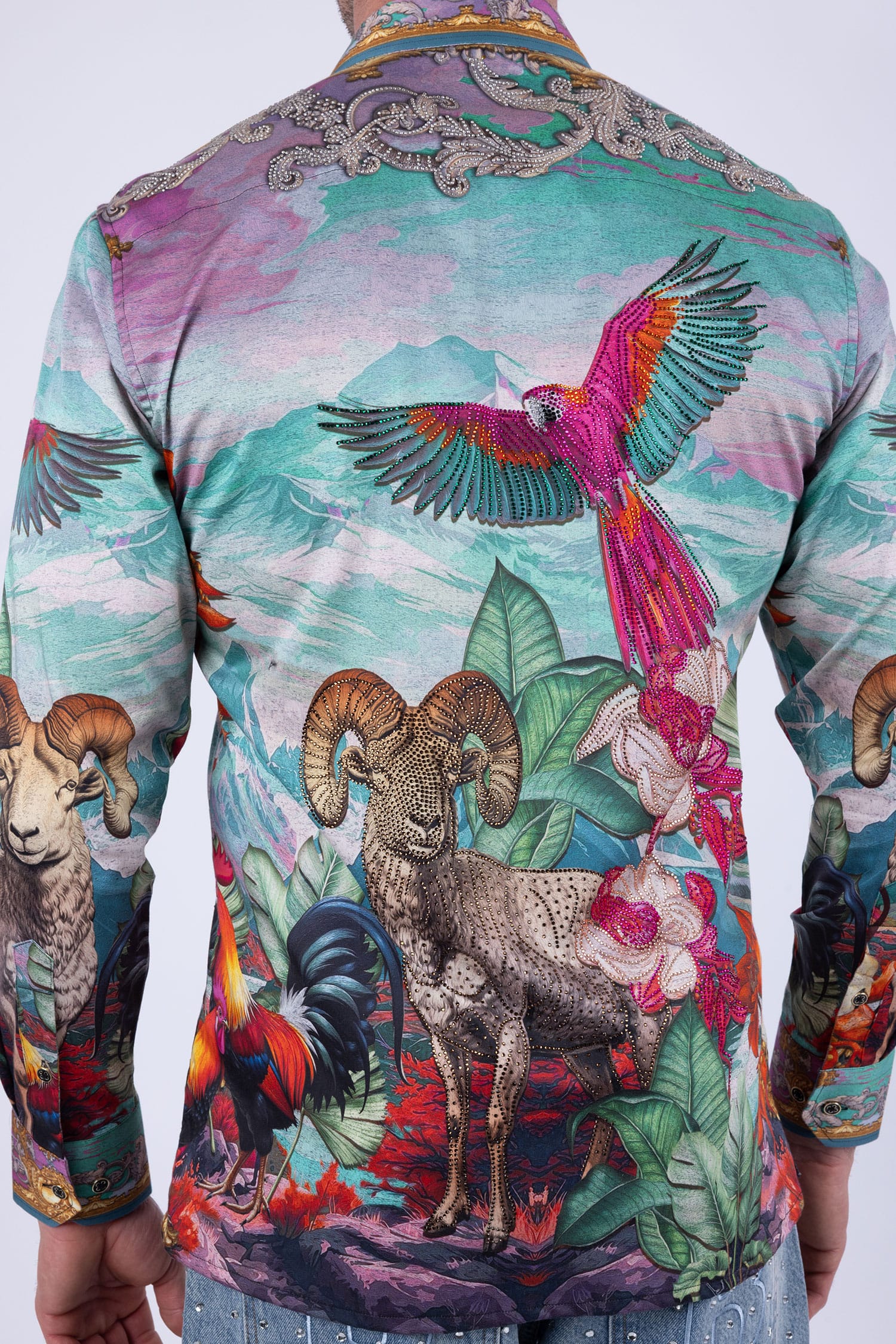 Men's Floral Sheep Parrot Rhinestone Long-Sleeve Shirt | BARABAS 6SPR10 Teal