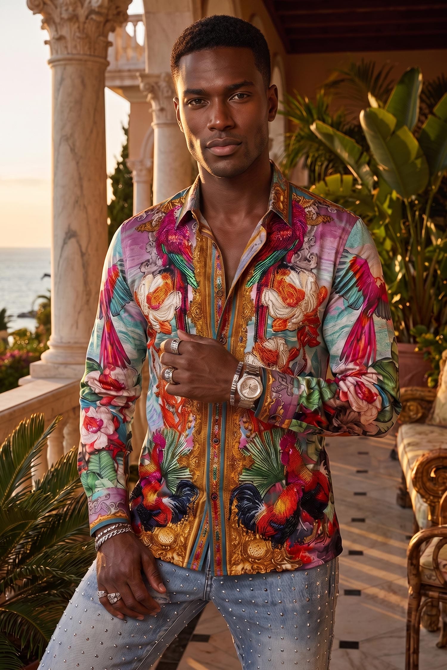 Men's Floral Sheep Parrot Rhinestone Long-Sleeve Shirt | BARABAS 6SPR10 Teal