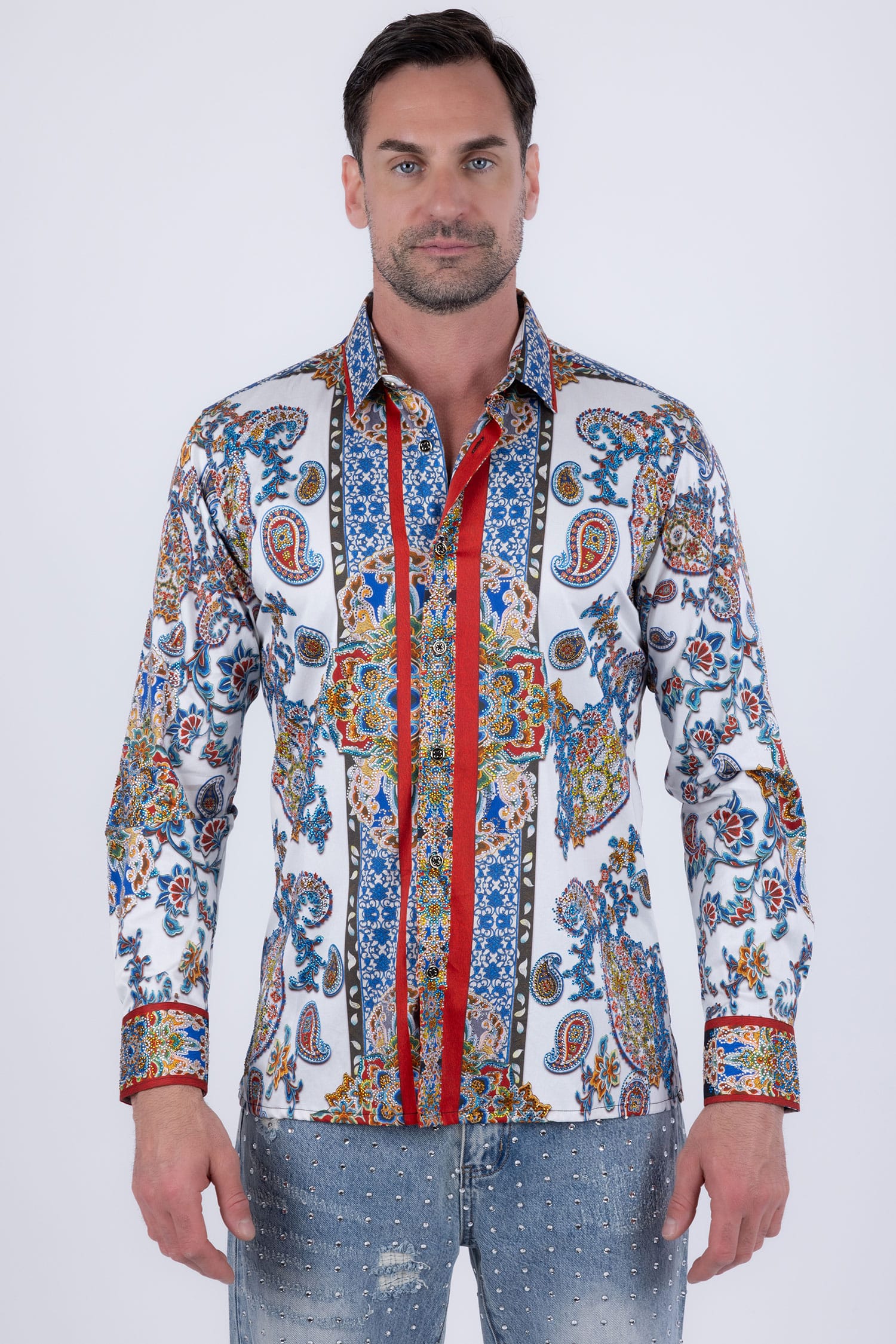 Men's Floral Paisley Rhinestone Long-Sleeve Shirt | BARABAS 6SPR11 Blue