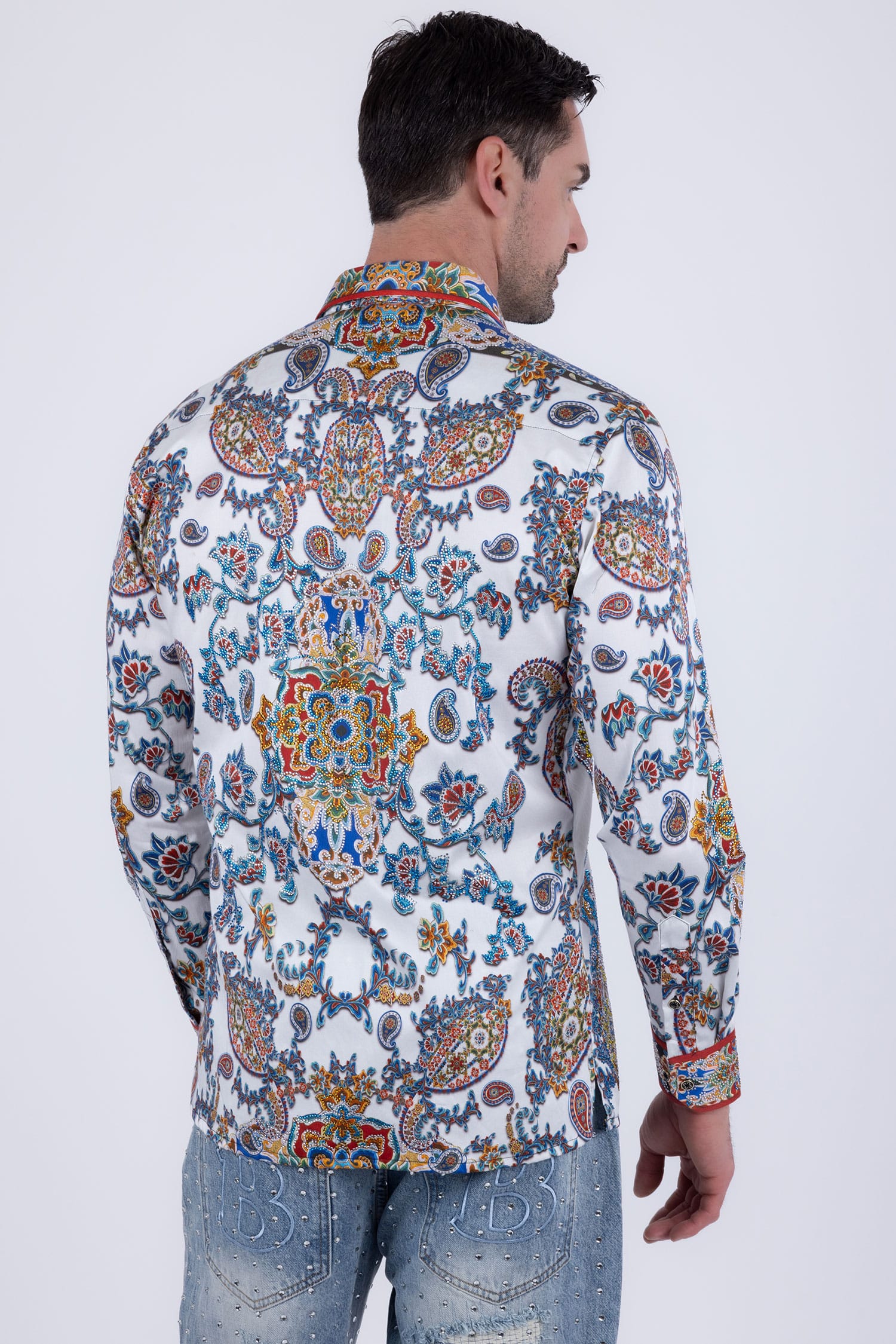 Men's Floral Paisley Rhinestone Long-Sleeve Shirt | BARABAS 6SPR11 White
