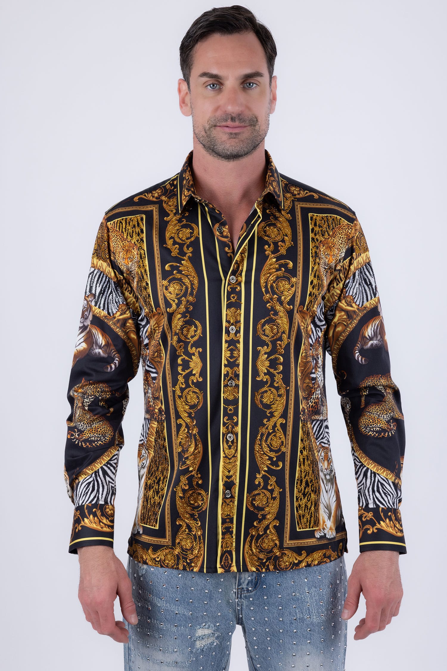 Men's Tiger Floral  Rhinestone Long Sleeve Shirt | BARABAS 6SPR14 Black