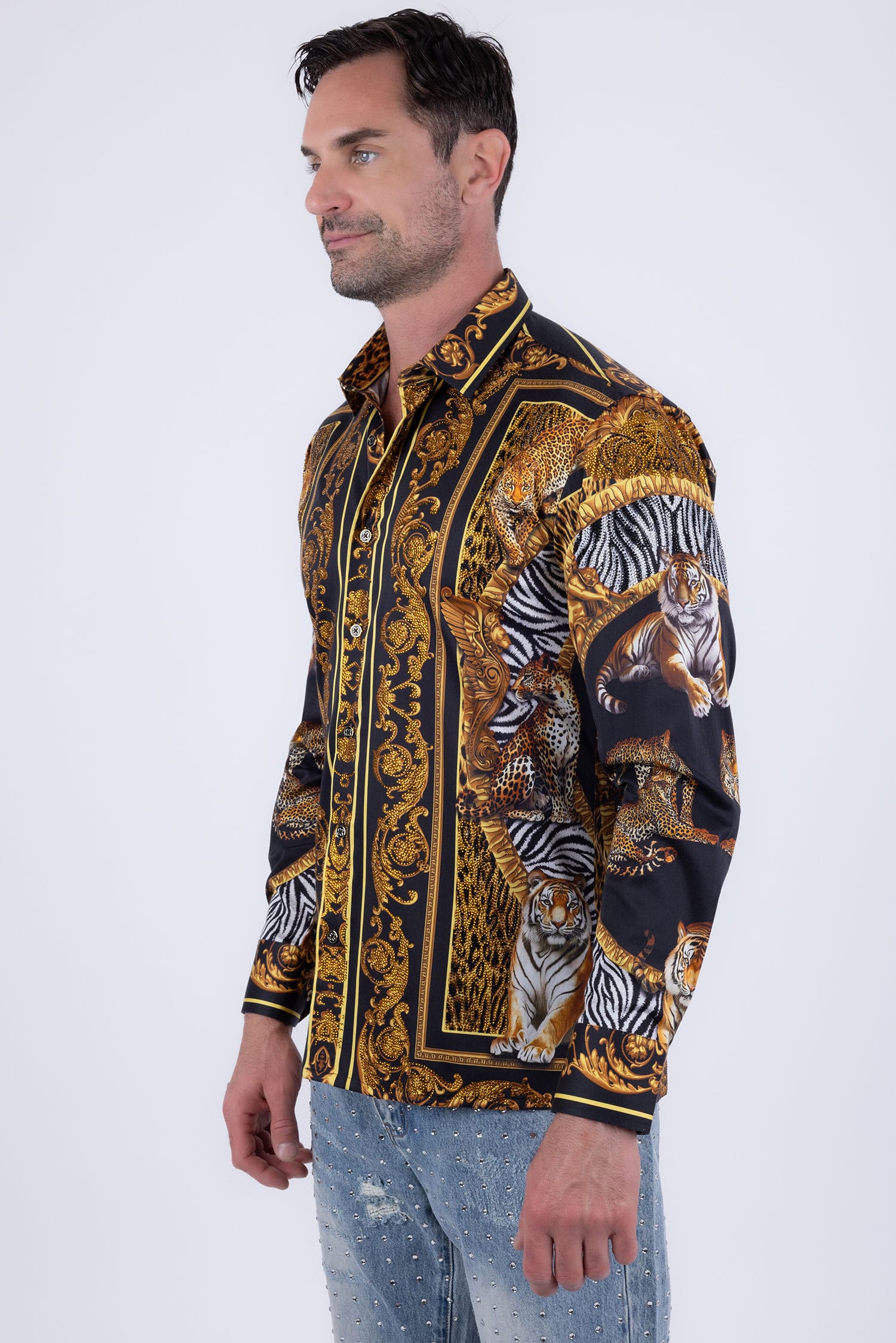Men's Tiger Floral  Rhinestone Long Sleeve Shirt | BARABAS 6SPR14 Black