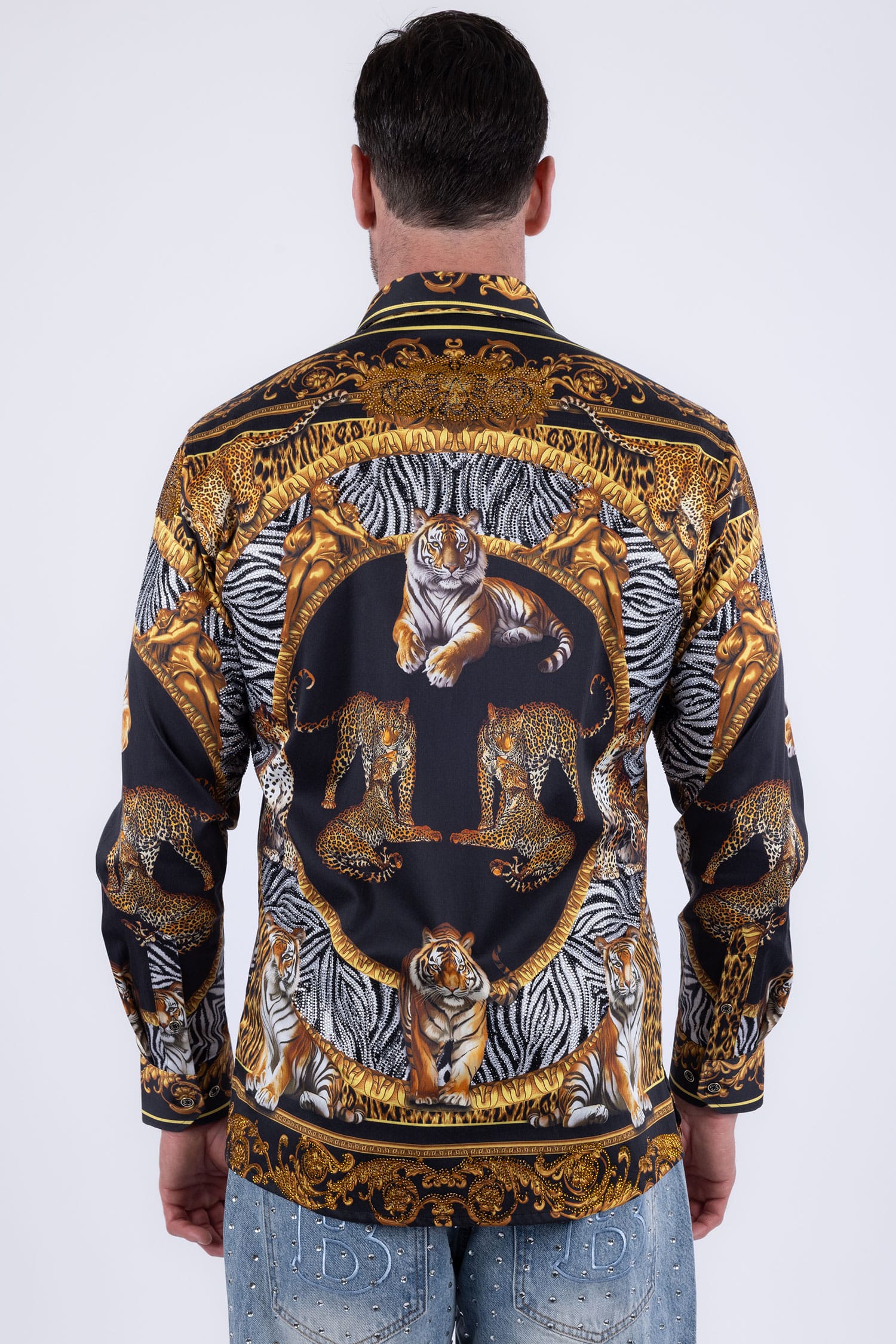 Men's Tiger Floral  Rhinestone Long Sleeve Shirt | BARABAS 6SPR14 Gold