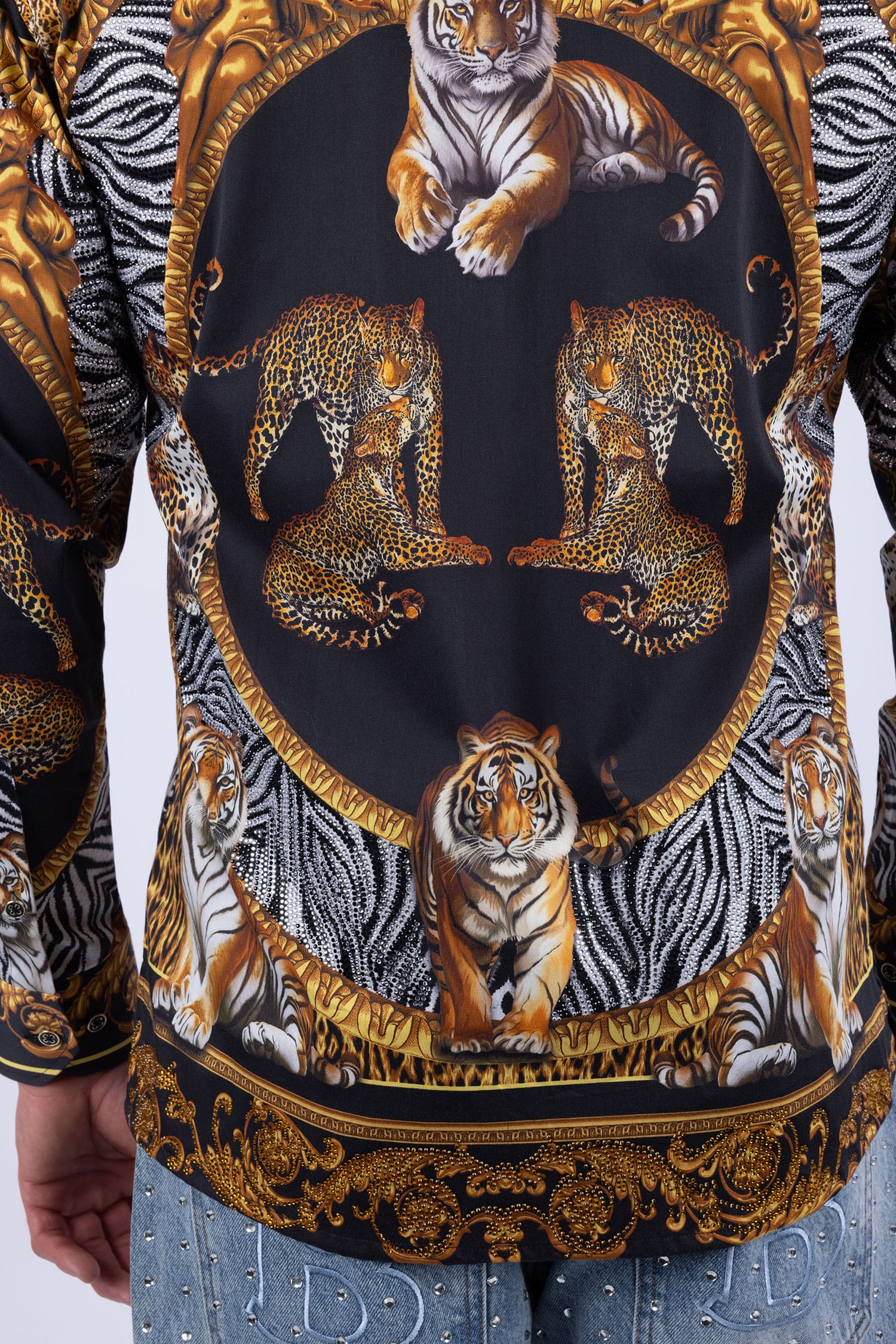 Men's Tiger Floral  Rhinestone Long Sleeve Shirt | BARABAS 6SPR14 Gold