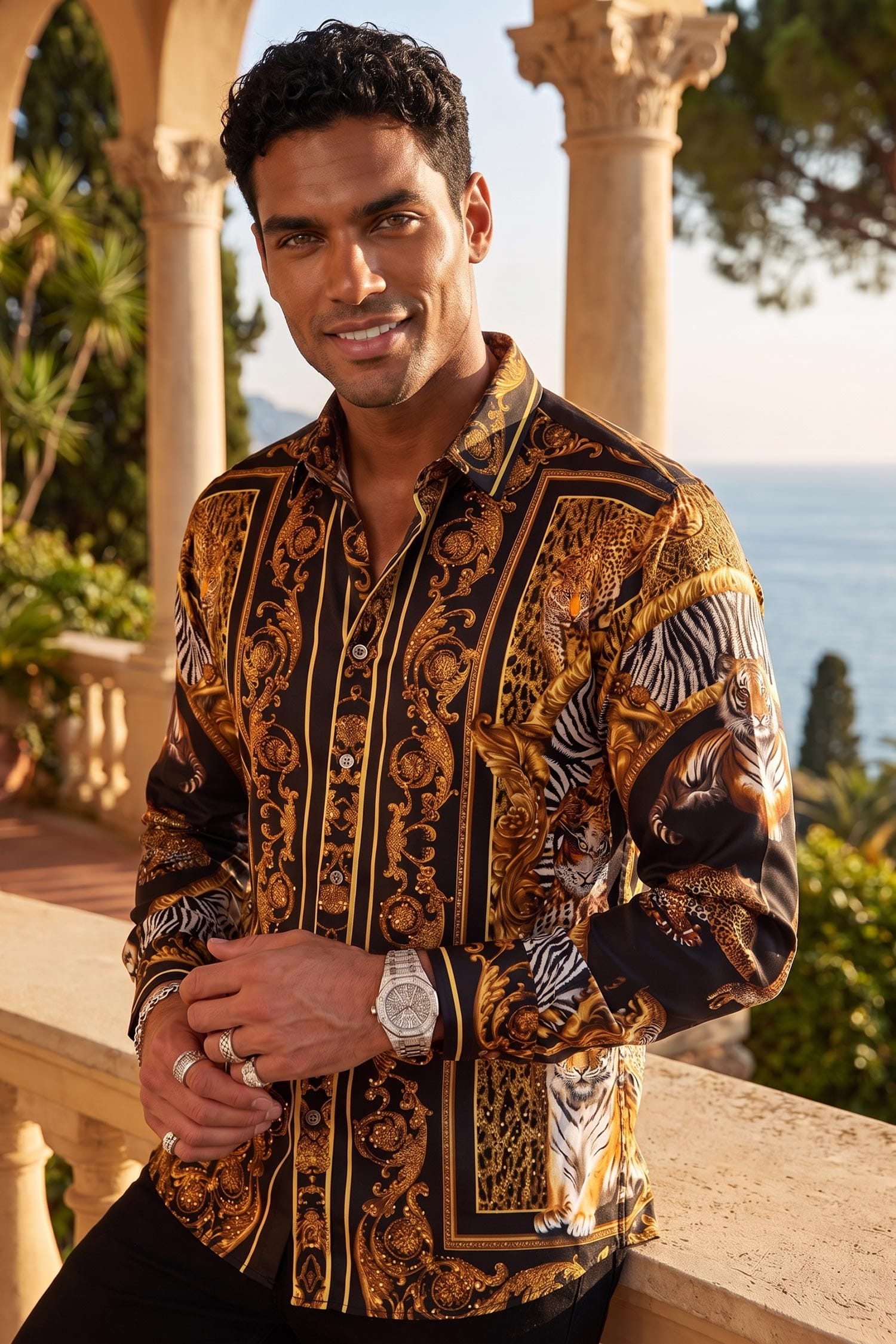 Men's Tiger Floral  Rhinestone Long Sleeve Shirt | BARABAS 6SPR14 Black Gold