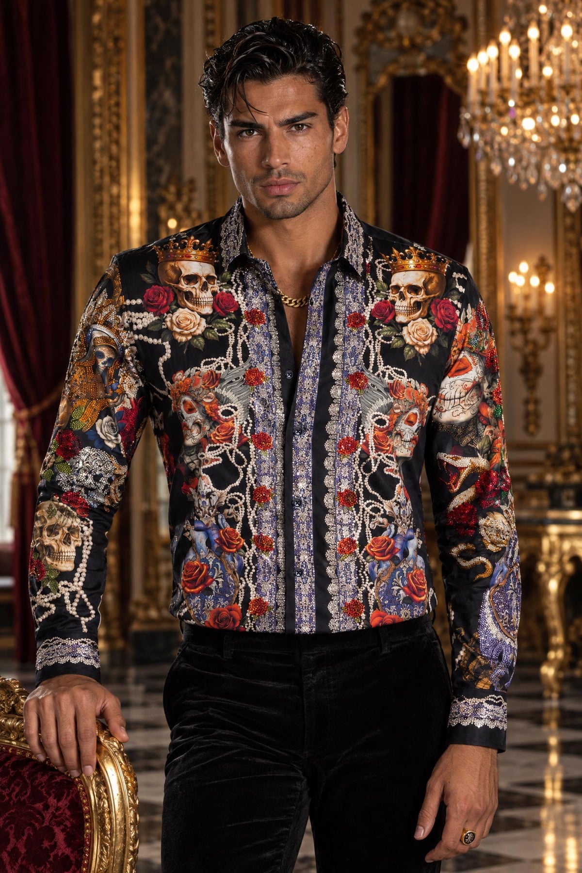 Barabas Men's Dark Venom Skull Rhinestone Long Sleeve Shirt 6SPR17 Black Beauty