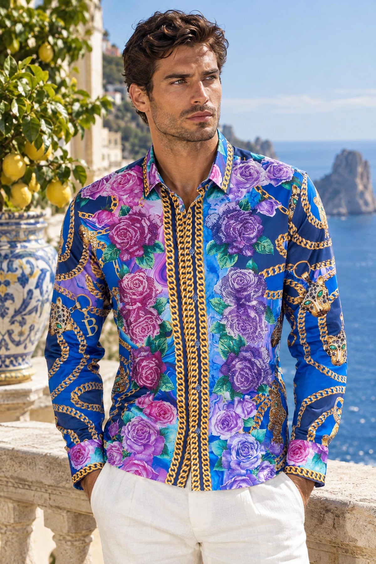 Barabas Men's Chain Predator Rhinestone Long Sleeve Shirt 6SPR18 #Color_Elemental Blue