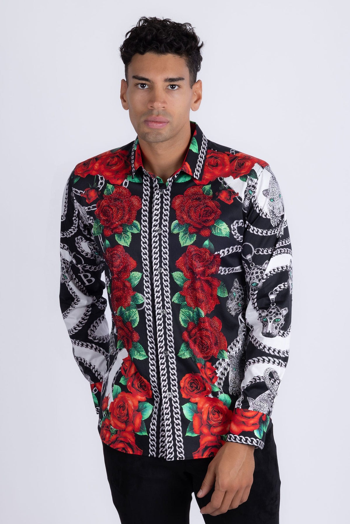 Barabas Men's Chain Predator Rhinestone Long Sleeve Shirt 6SPR18 #Color_Graphite
