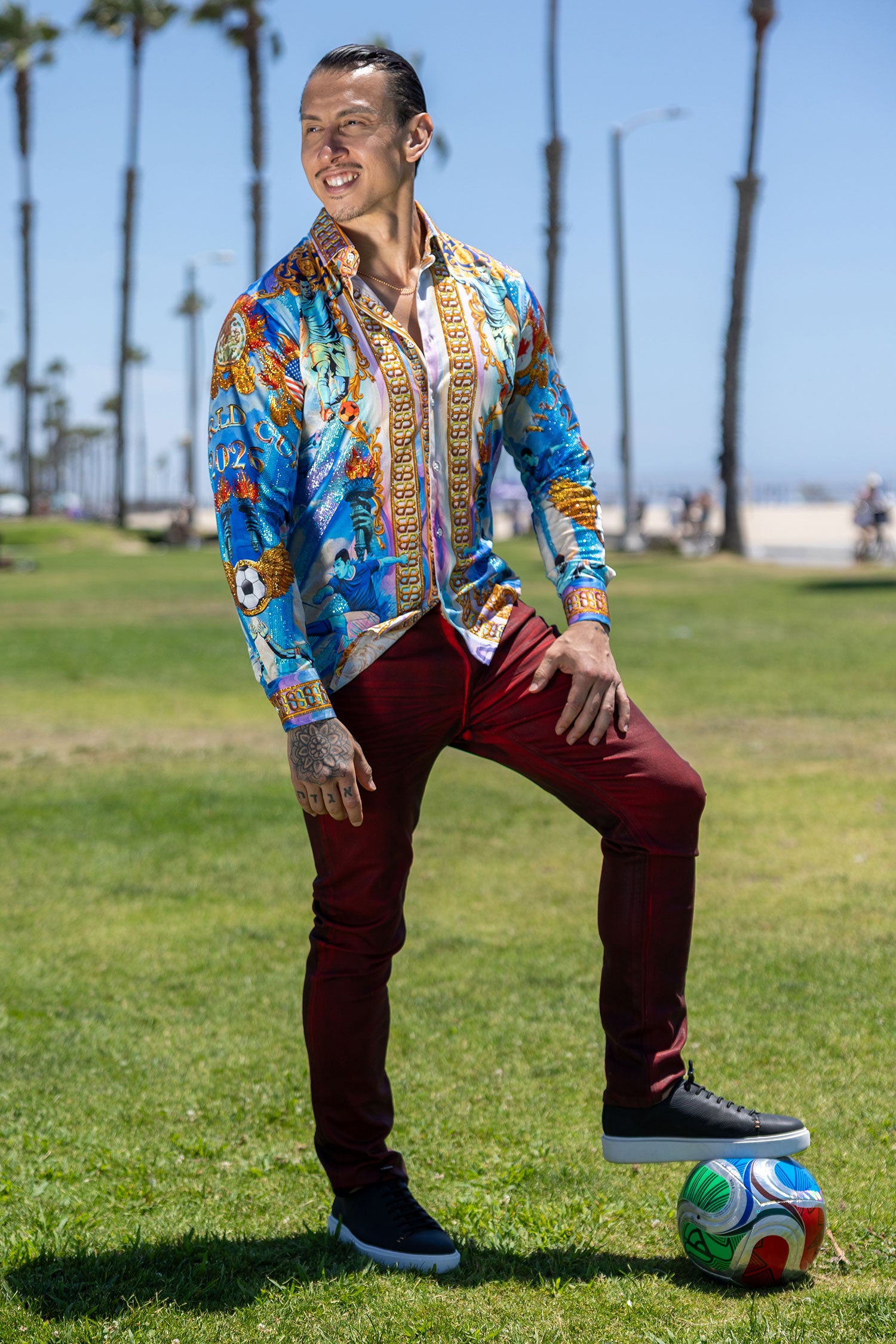 Men's Rhinestone 2026 World Cup Floral Print Shirt | BARABAS 6SPR20