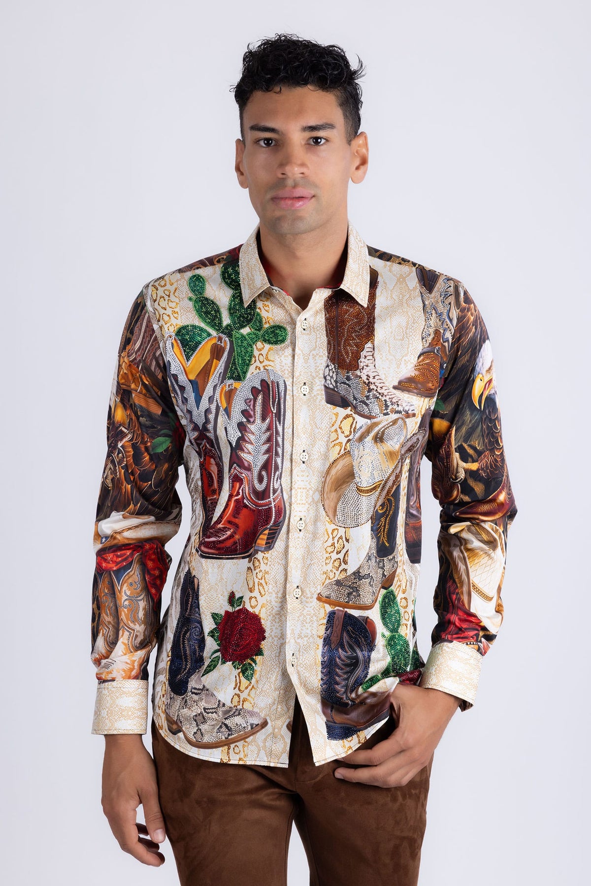Barabas Men's Bald Eagle Baroque Rhinestone Long Sleeve Shirt 6SPR22 Multi