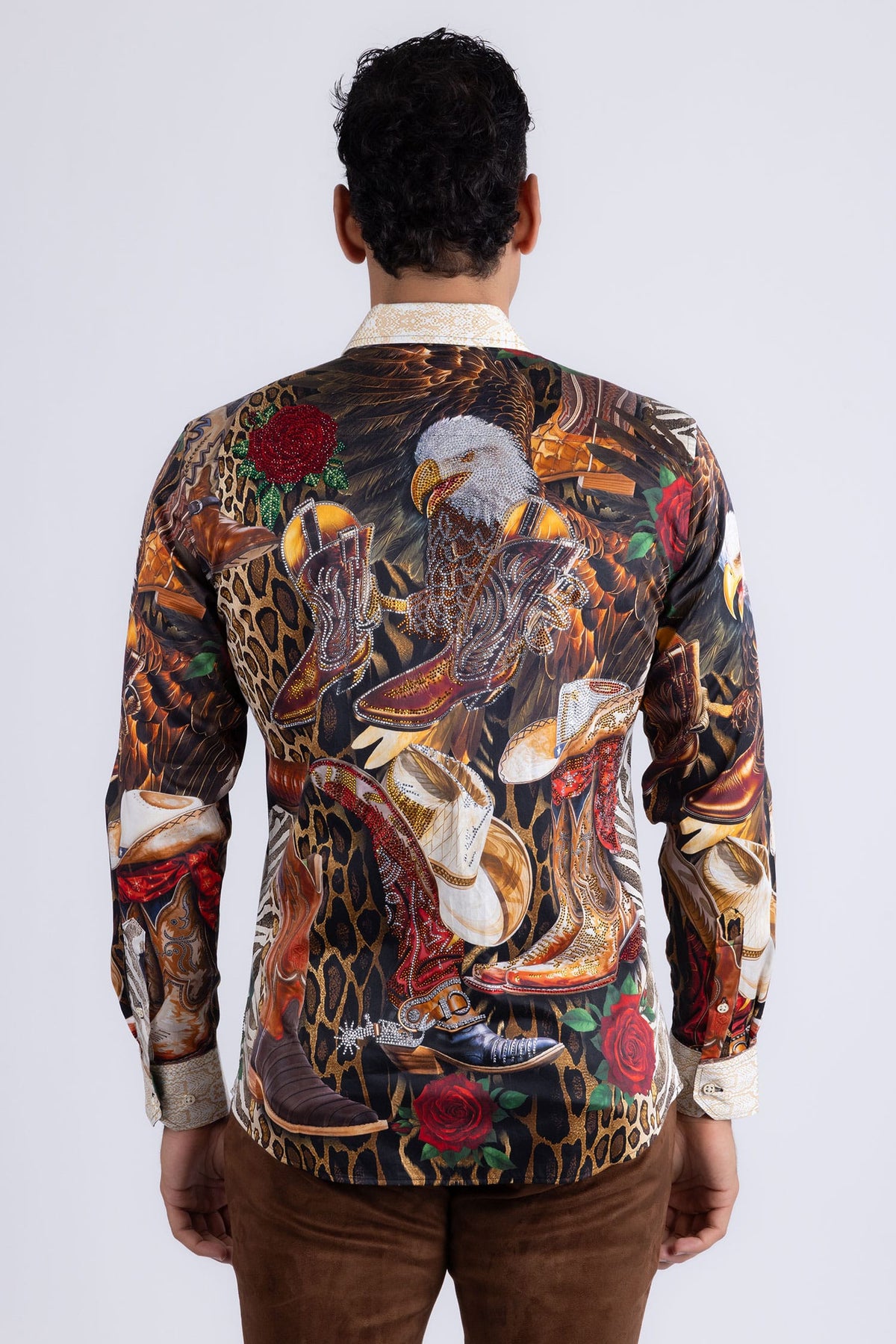 Barabas Men's Bald Eagle Baroque Rhinestone Long Sleeve Shirt 6SPR22 Multi