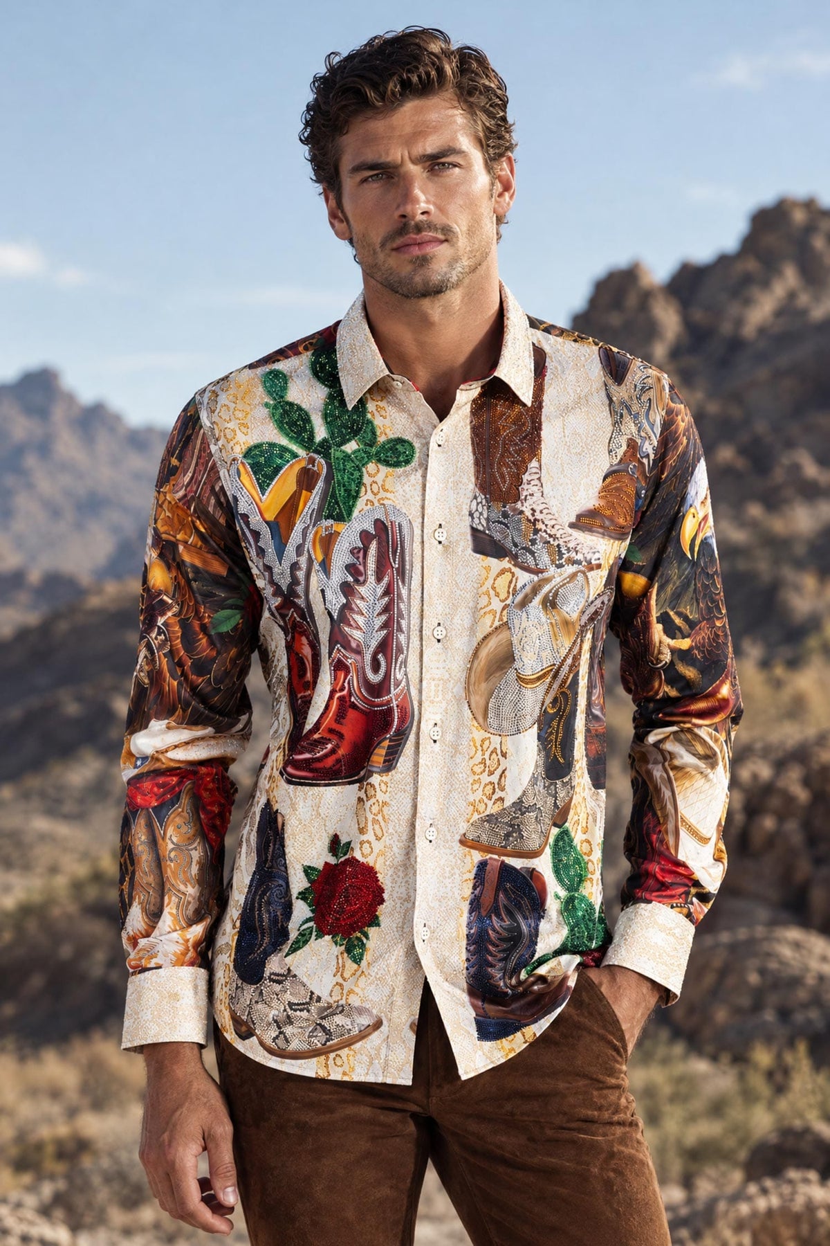 Barabas Men's Bald Eagle Baroque Rhinestone Long Sleeve Shirt 6SPR22 Multi