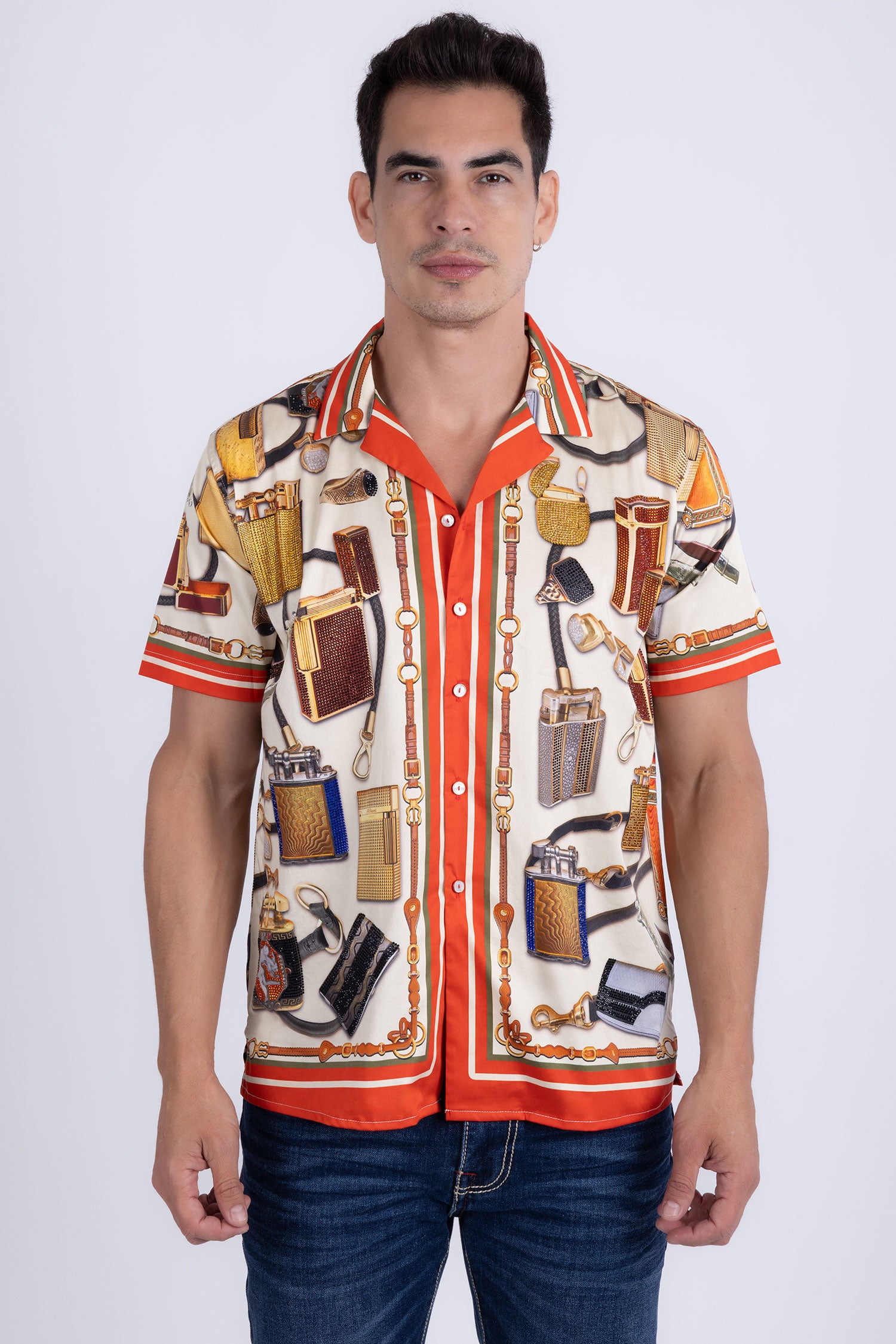 Men's Regal Rhinestone Casual Short-Sleeve Shirt | BARABAS 6SSR02 Beige