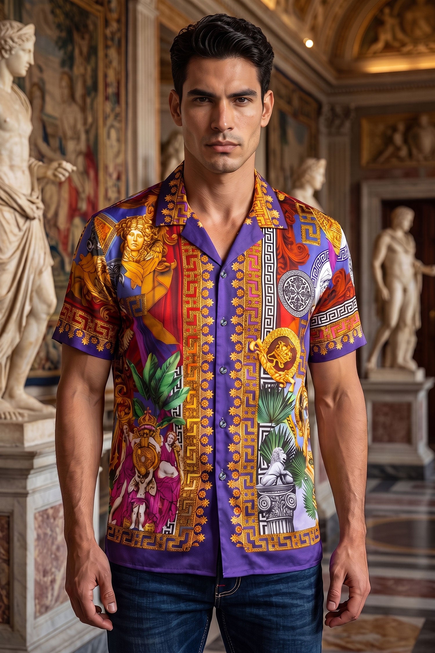 Men's Roman Rhinestone Casual Short-Sleeve Shirt | BARABAS 6SSR03 Multi