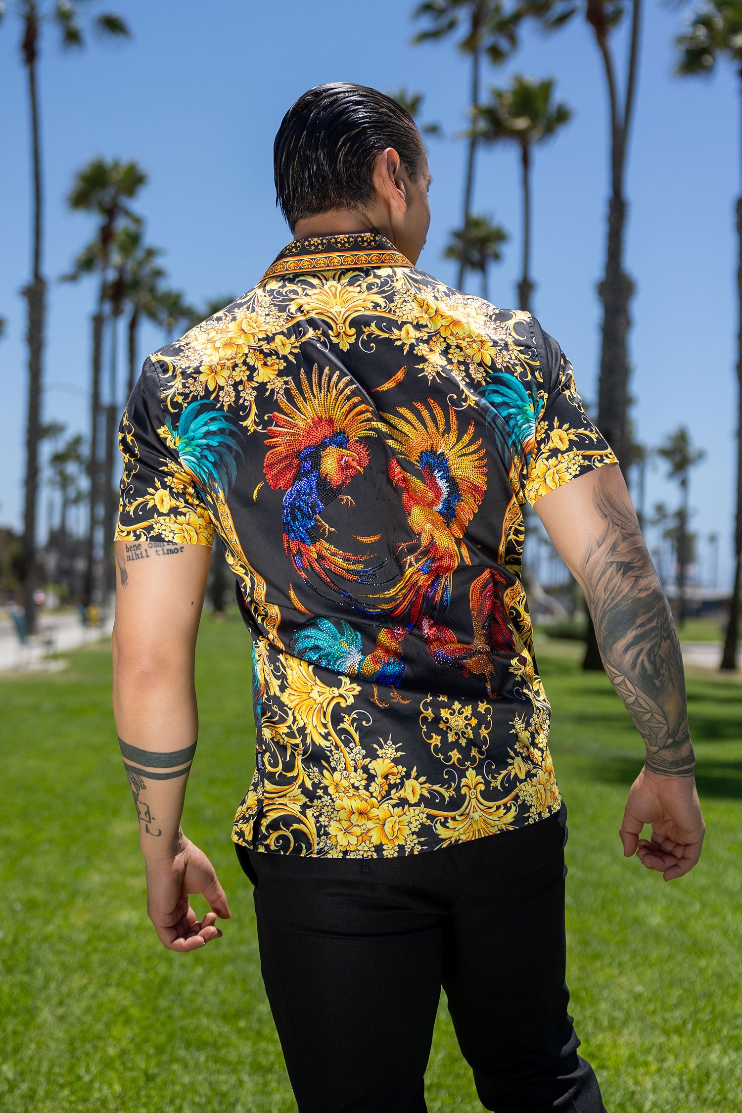 Men's Rhinestone Animal Print Short-Sleeve Shirt | BARABAS 6SSR05 Black