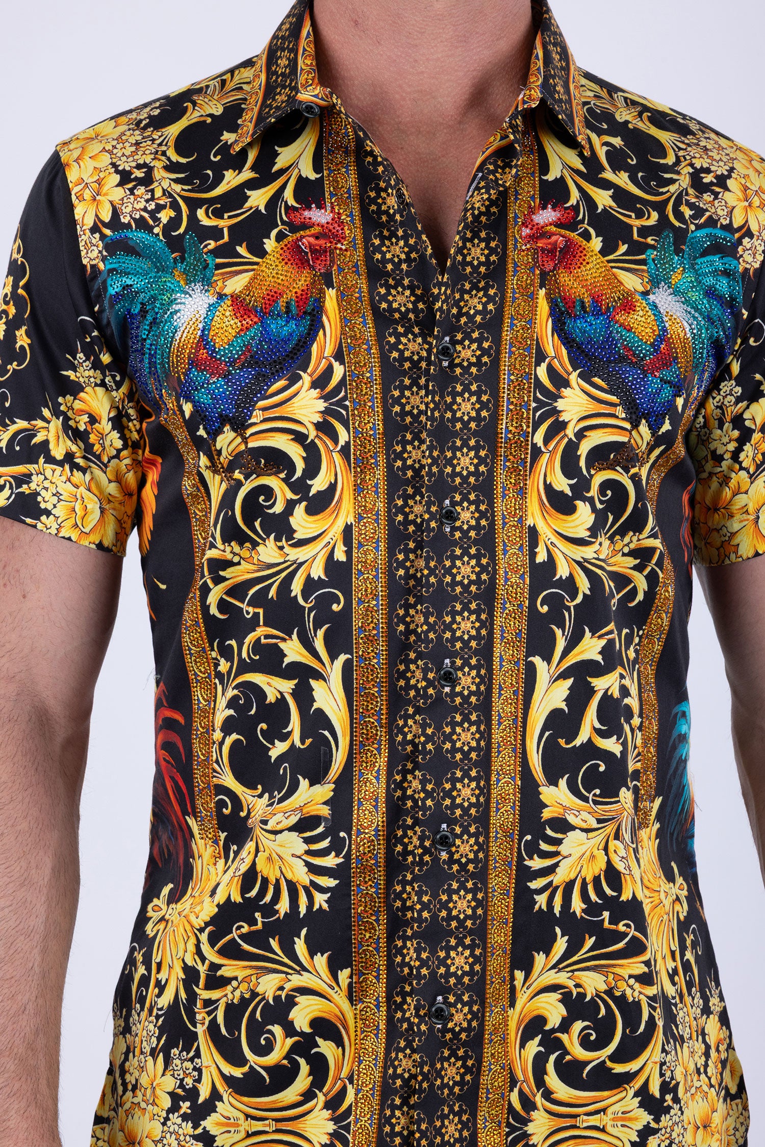 Men's Rhinestone Animal Print Short-Sleeve Shirt | BARABAS 6SSR05 Mustard