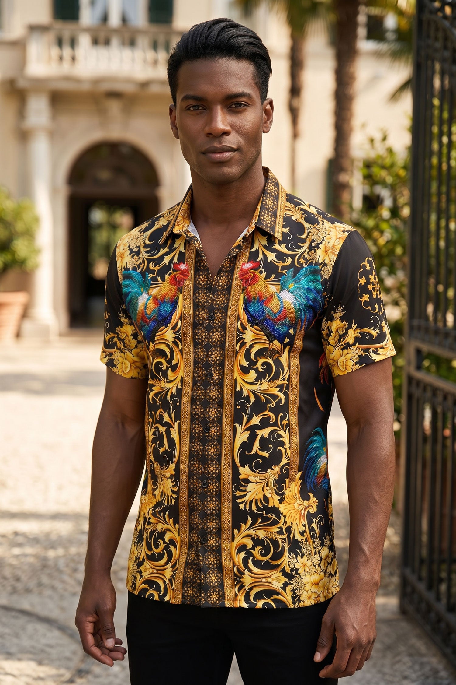Men's Rhinestone Animal Print Short-Sleeve Shirt | BARABAS 6SSR05 Black