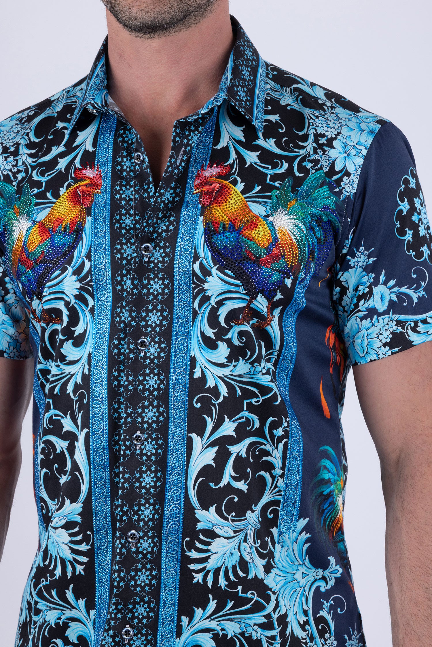 Men's Rhinestone Animal Print Short-Sleeve Shirt | BARABAS 6SSR05 Navy