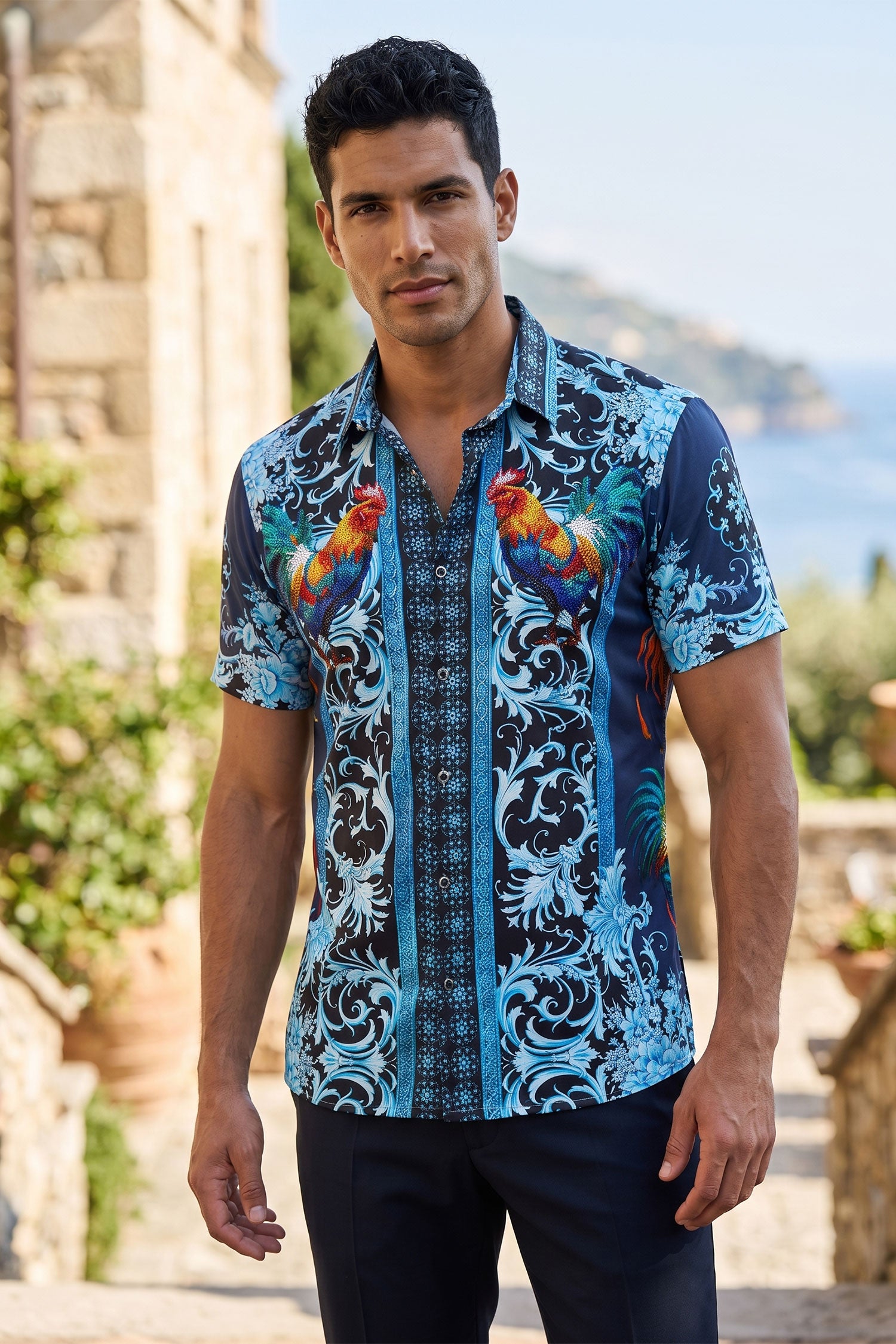 Men's Rhinestone Animal Print Short-Sleeve Shirt | BARABAS 6SSR05 Navy