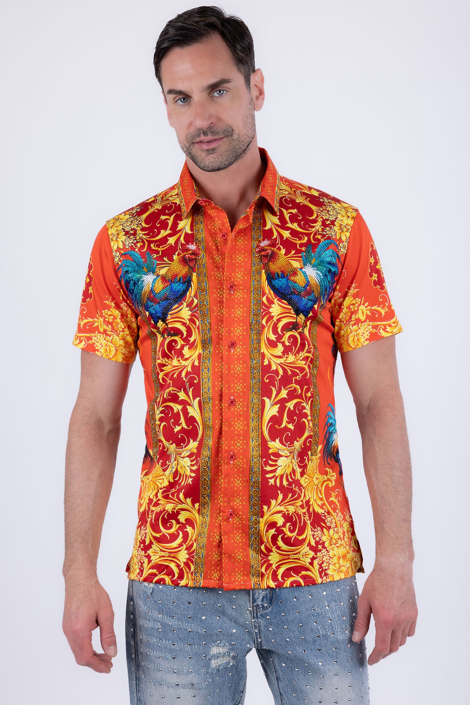 Men's Rhinestone Animal Print Short-Sleeve Shirt | BARABAS 6SSR05 Orange