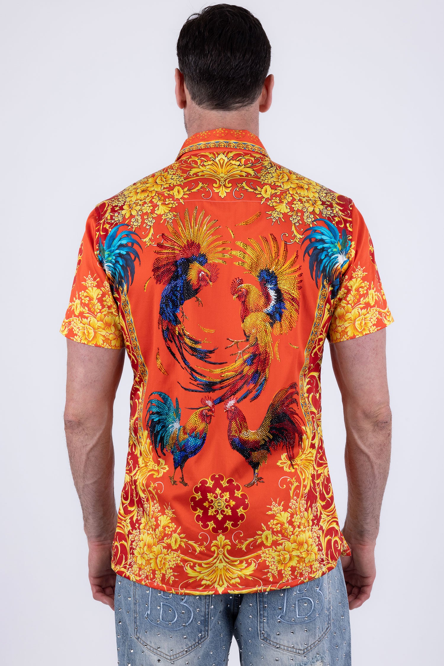 Men's Rhinestone Animal Print Short-Sleeve Shirt | BARABAS 6SSR05 Yellow