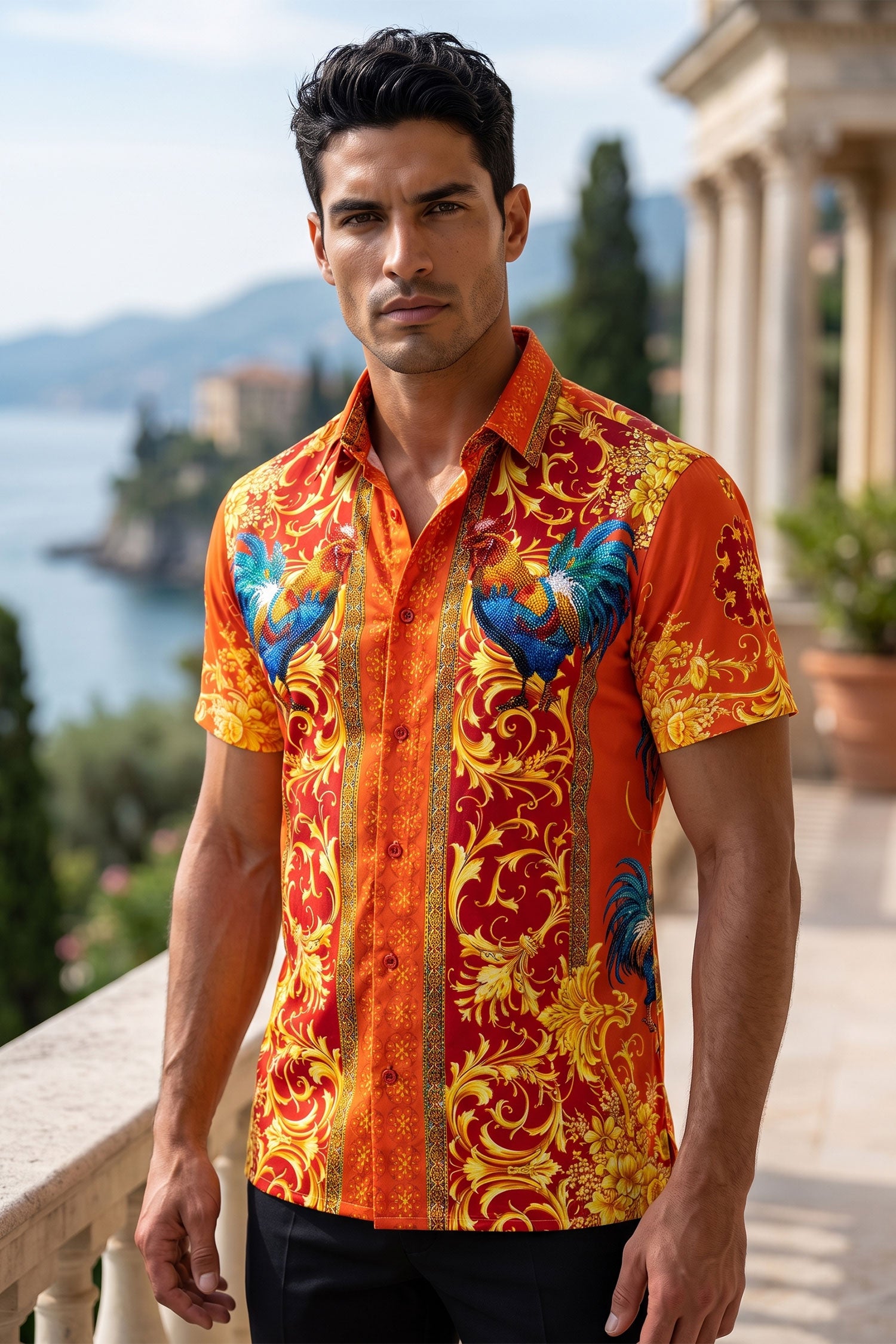 Men's Rhinestone Animal Print Short-Sleeve Shirt | BARABAS 6SSR05 Poppy Red