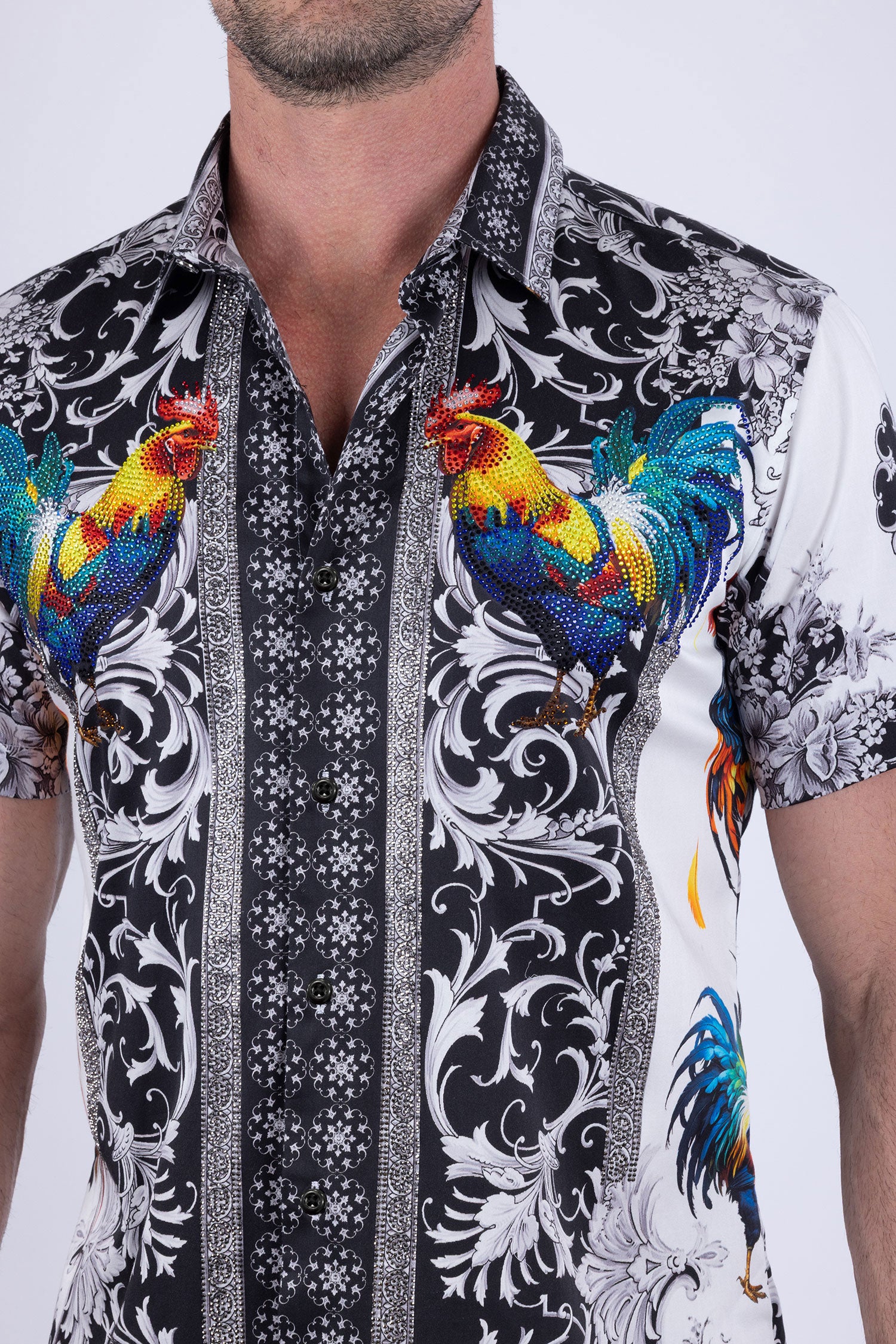 Men's Rhinestone Animal Print Short-Sleeve Shirt | BARABAS 6SSR05 White