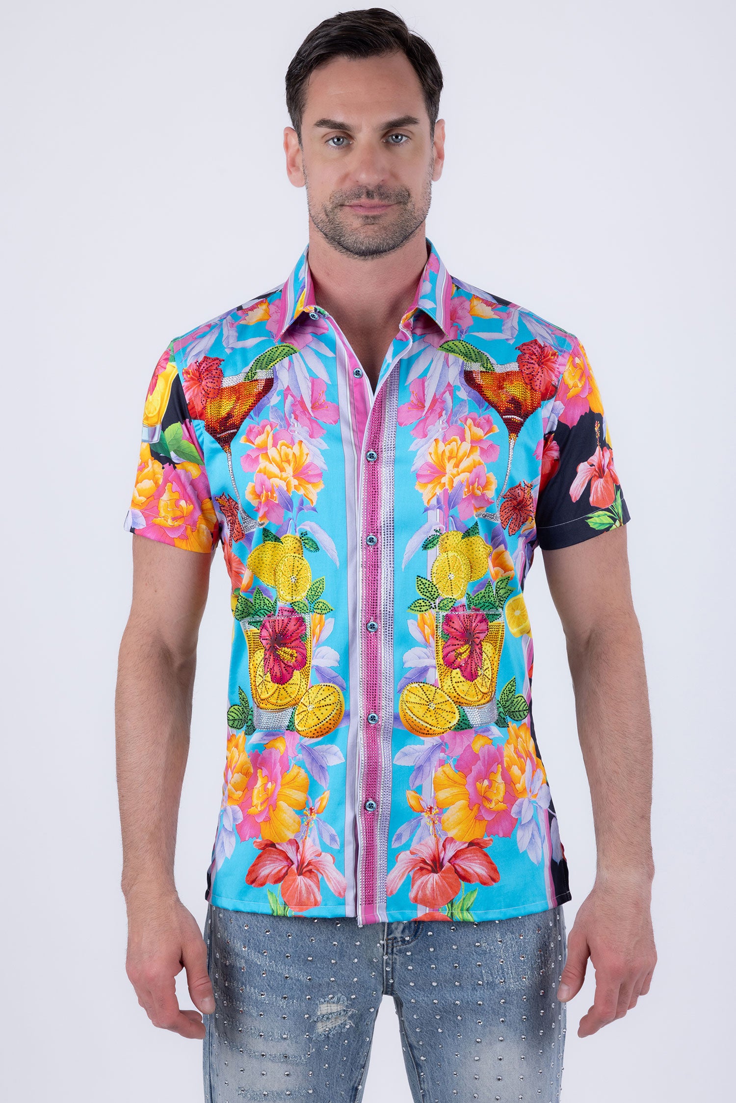 Barabas Men's Rhinestone Cocktails Floral Short-Sleeve Shirt 6SSR06 Pink