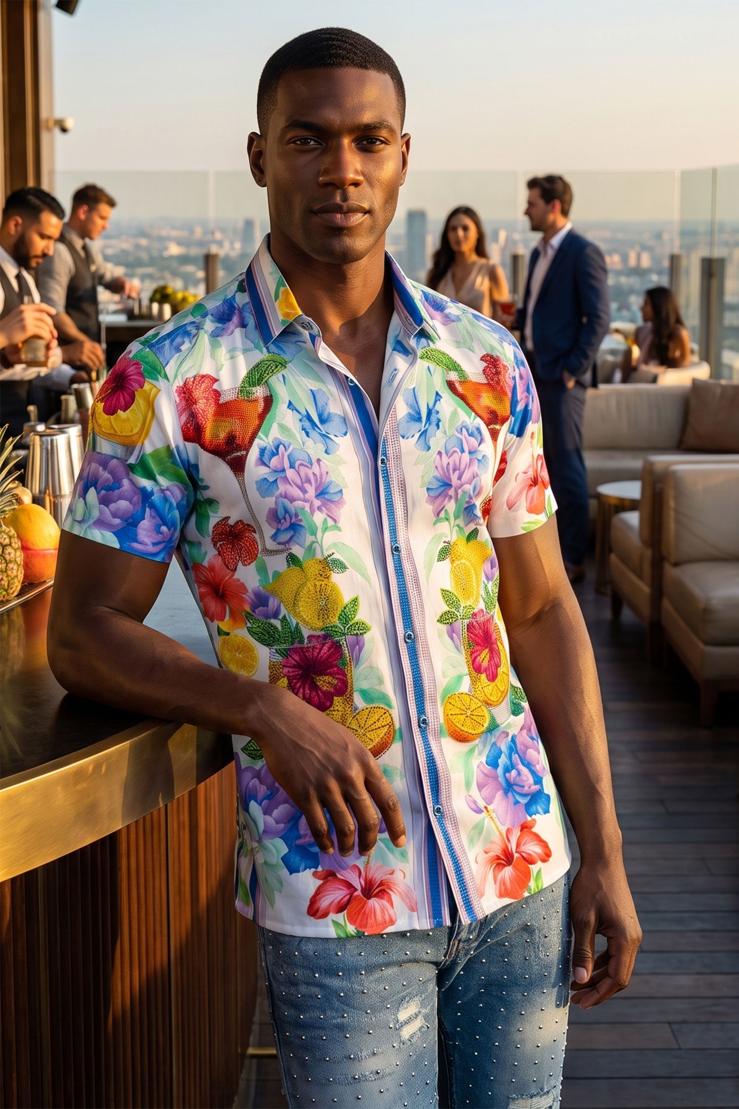 Barabas Men's Rhinestone Cocktails Floral Short-Sleeve Shirt 6SSR06 White