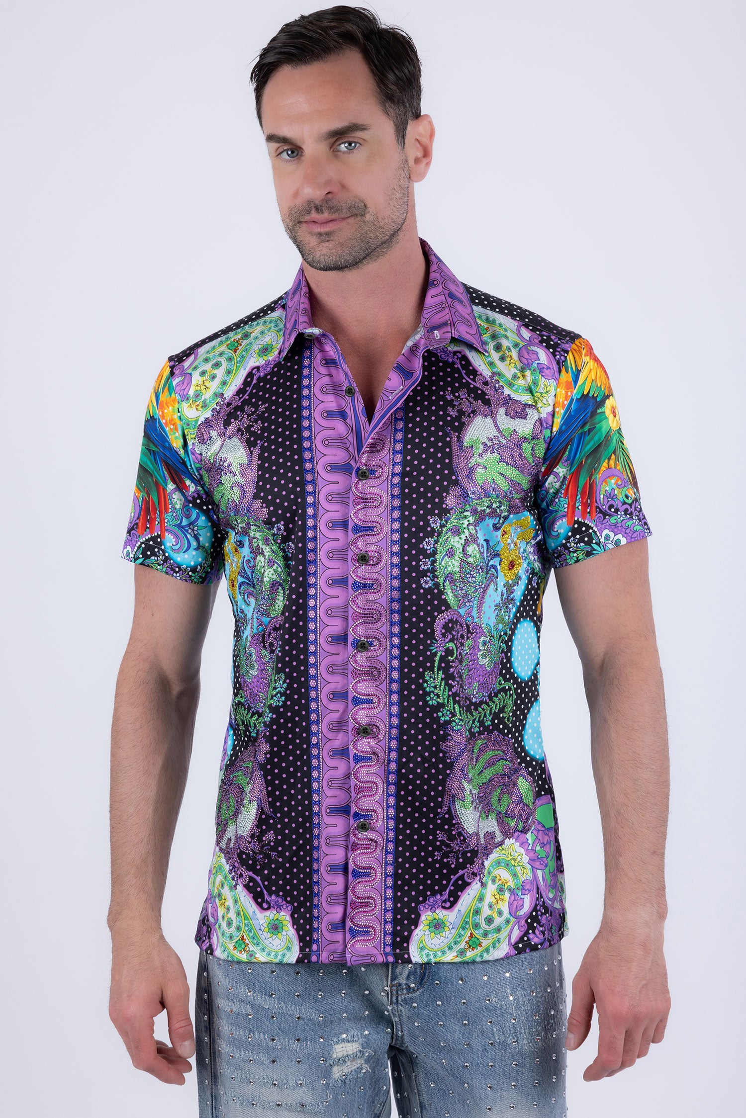 Men's Casual Parrot Rhinestone Short-Sleeve Shirt | BARABAS 6SSR07 Purple