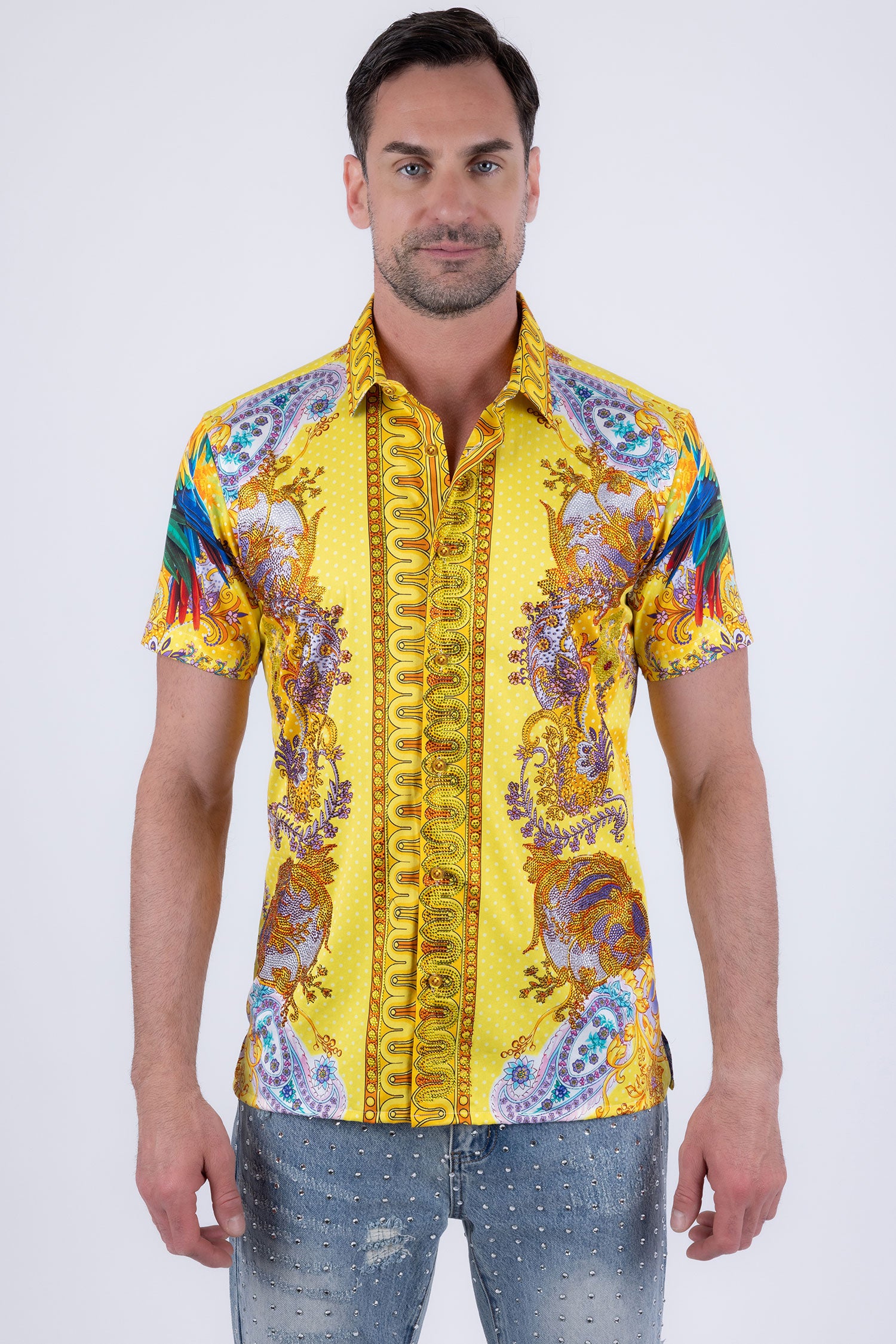 Men's Casual Parrot Rhinestone Short-Sleeve Shirt | BARABAS 6SSR07 Yellow