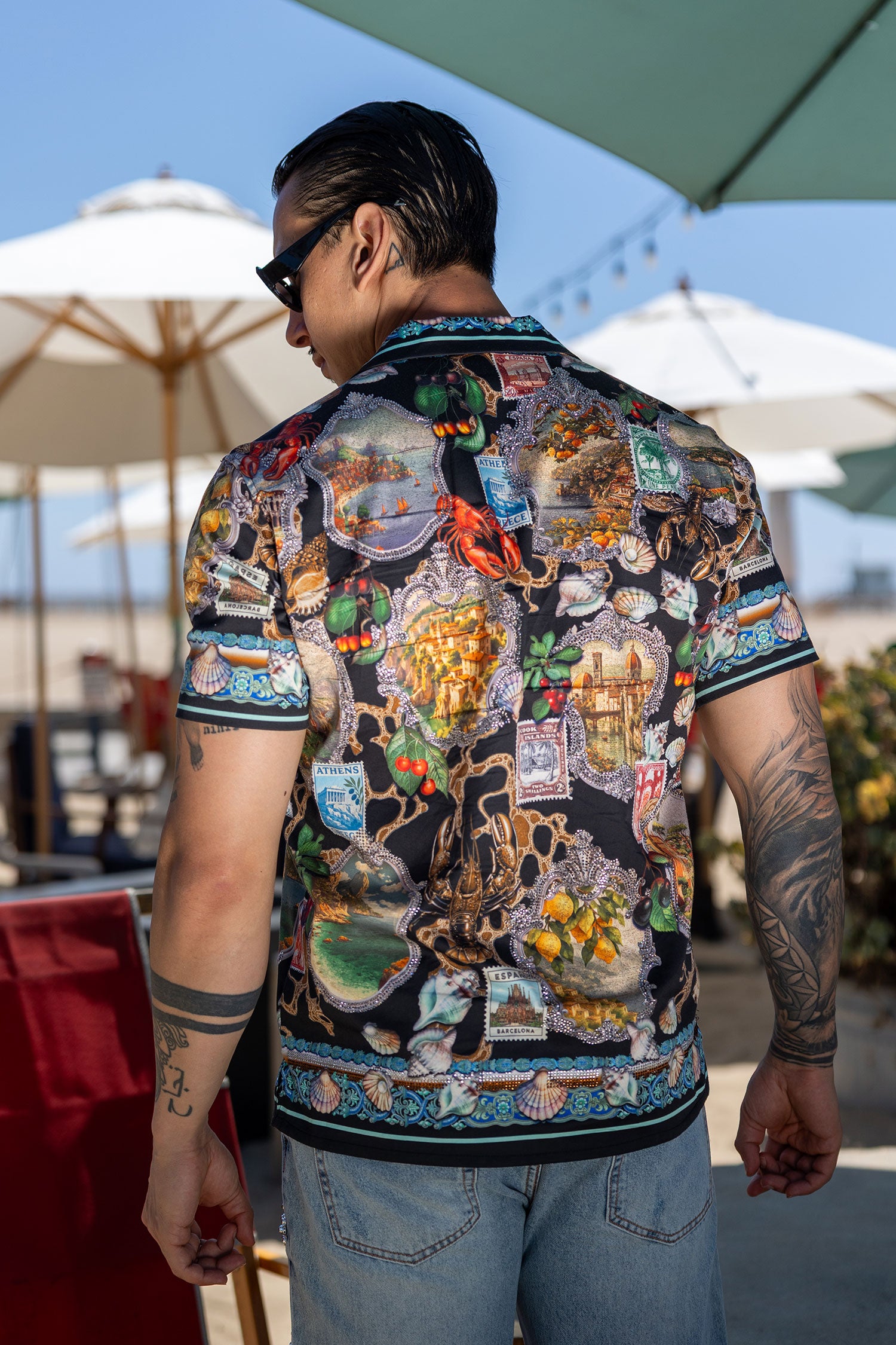 Men's Rhinestone Coral Reef Short-Sleeve Shirt | BARABAS 6SSR08 Black