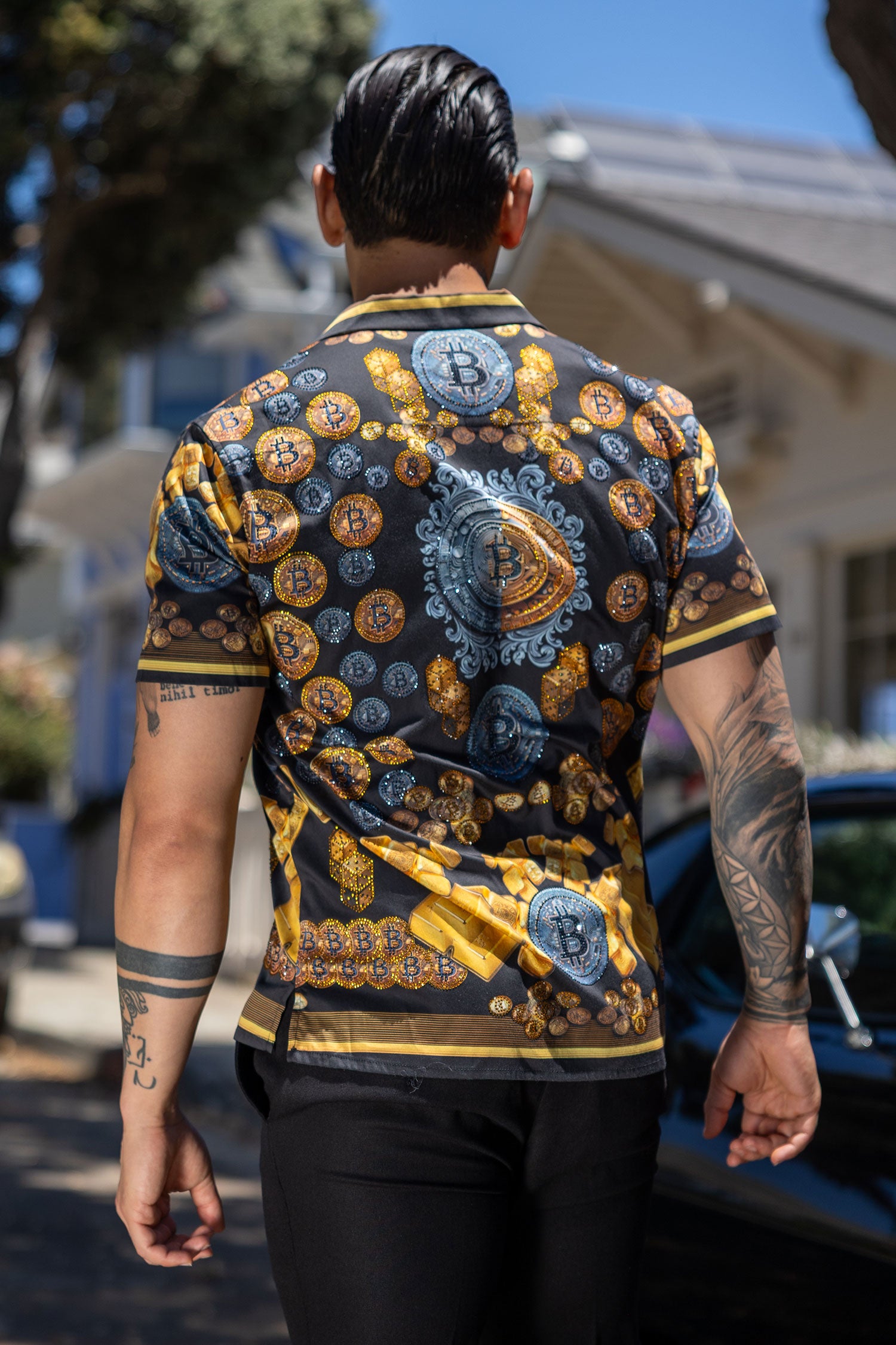 Men's Rhinestone Billionaire Short-Sleeve Shirt | BARABAS 6SSR09 Black