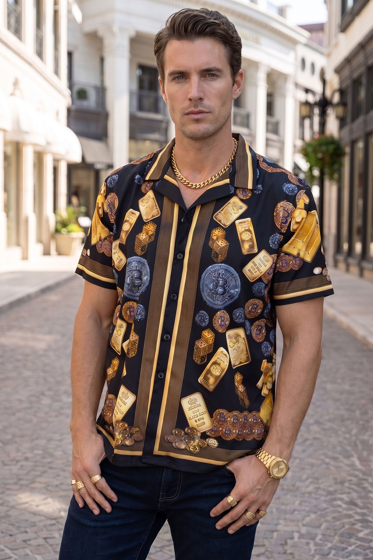 Men's Rhinestone Billionaire Short-Sleeve Shirt | BARABAS 6SSR09 Black