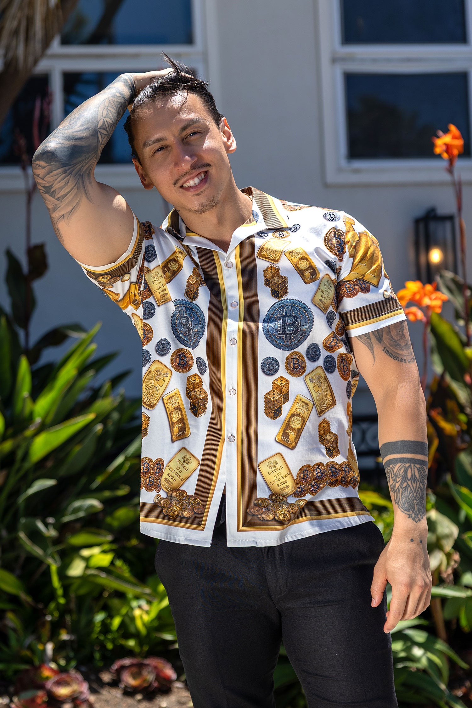Men's Rhinestone Billionaire Short-Sleeve Shirt | BARABAS 6SSR09 White
