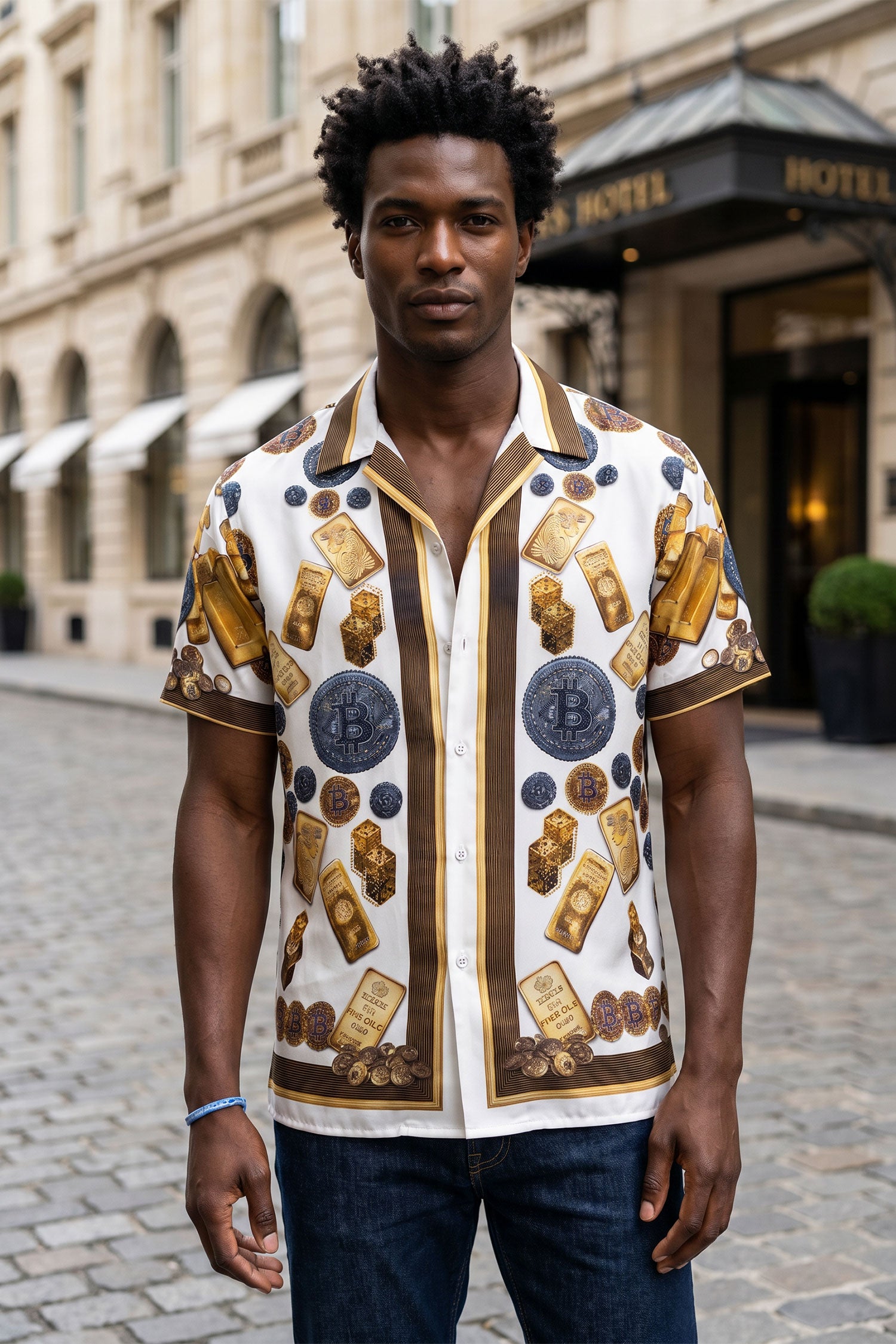 Men's Rhinestone Billionaire Short-Sleeve Shirt | BARABAS 6SSR09 White