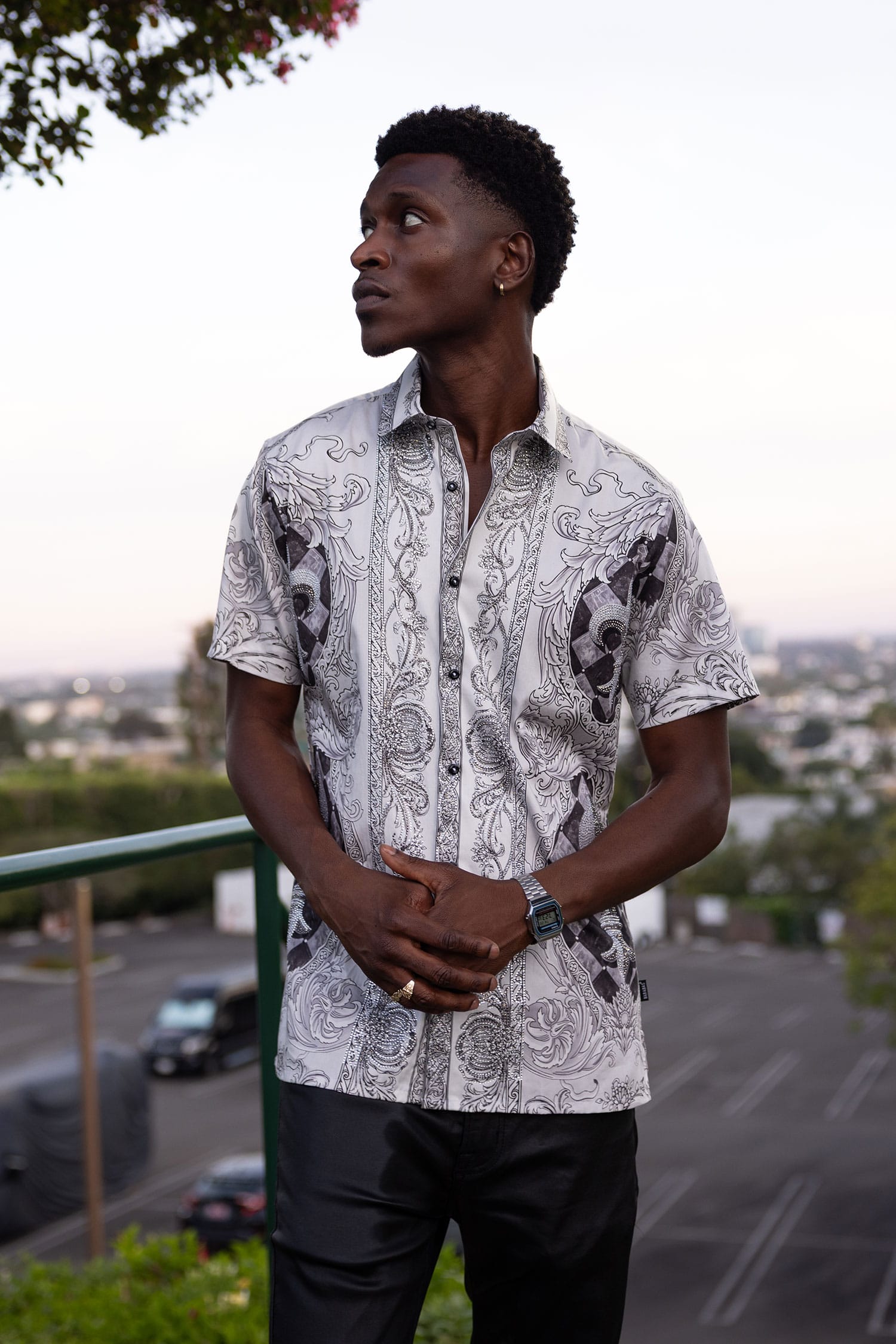Men's Fleur-de-lis Rhinestone Floral Casual Short-Sleeve Shirt 6SSR10 White