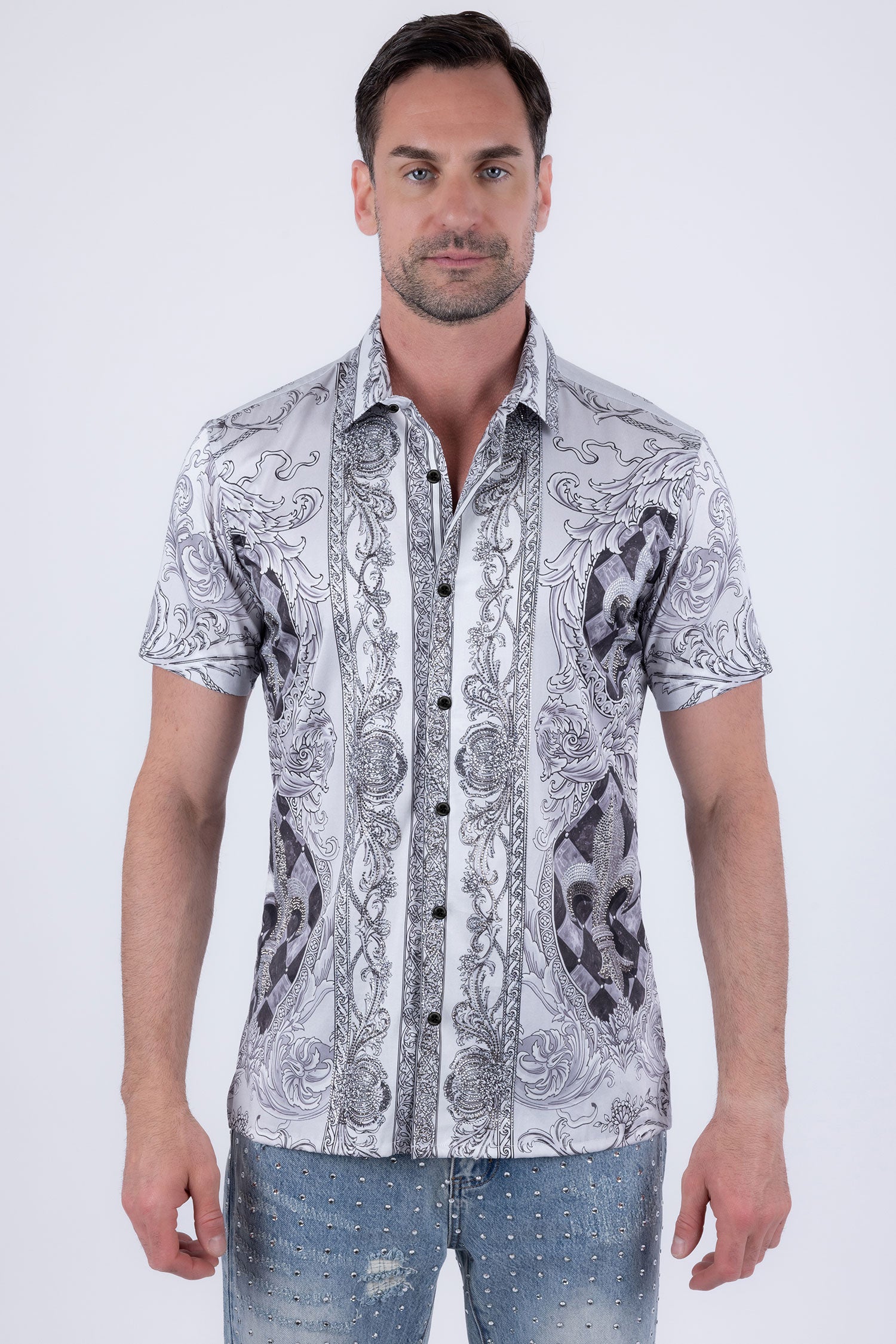Men's Fleur-de-lis Rhinestone Floral Casual Short-Sleeve Shirt 6SSR10 White