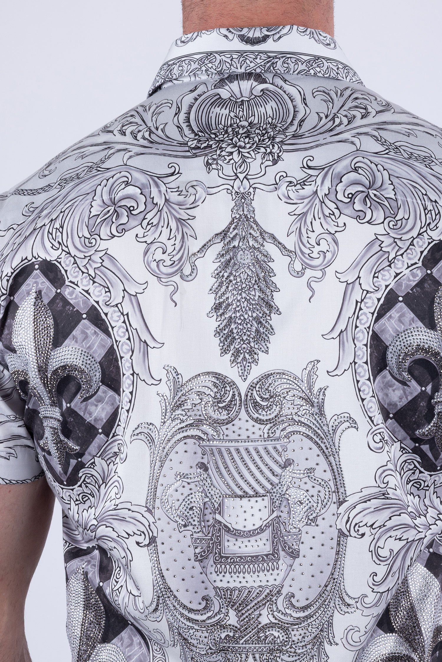 Men's Fleur-de-lis Rhinestone Floral Casual Short-Sleeve Shirt 6SSR10 Grey