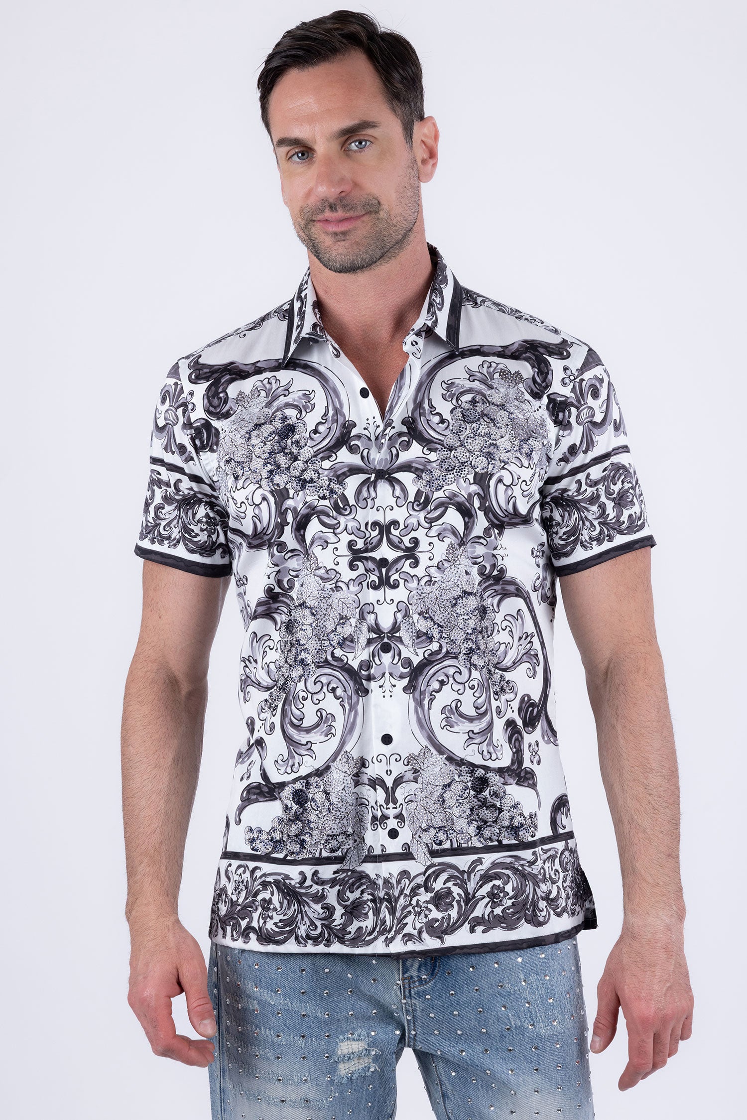 Men's Vineyard Floral  Rhinestone Short-Sleeve Shirt | BARABAS 6SSR11 Black